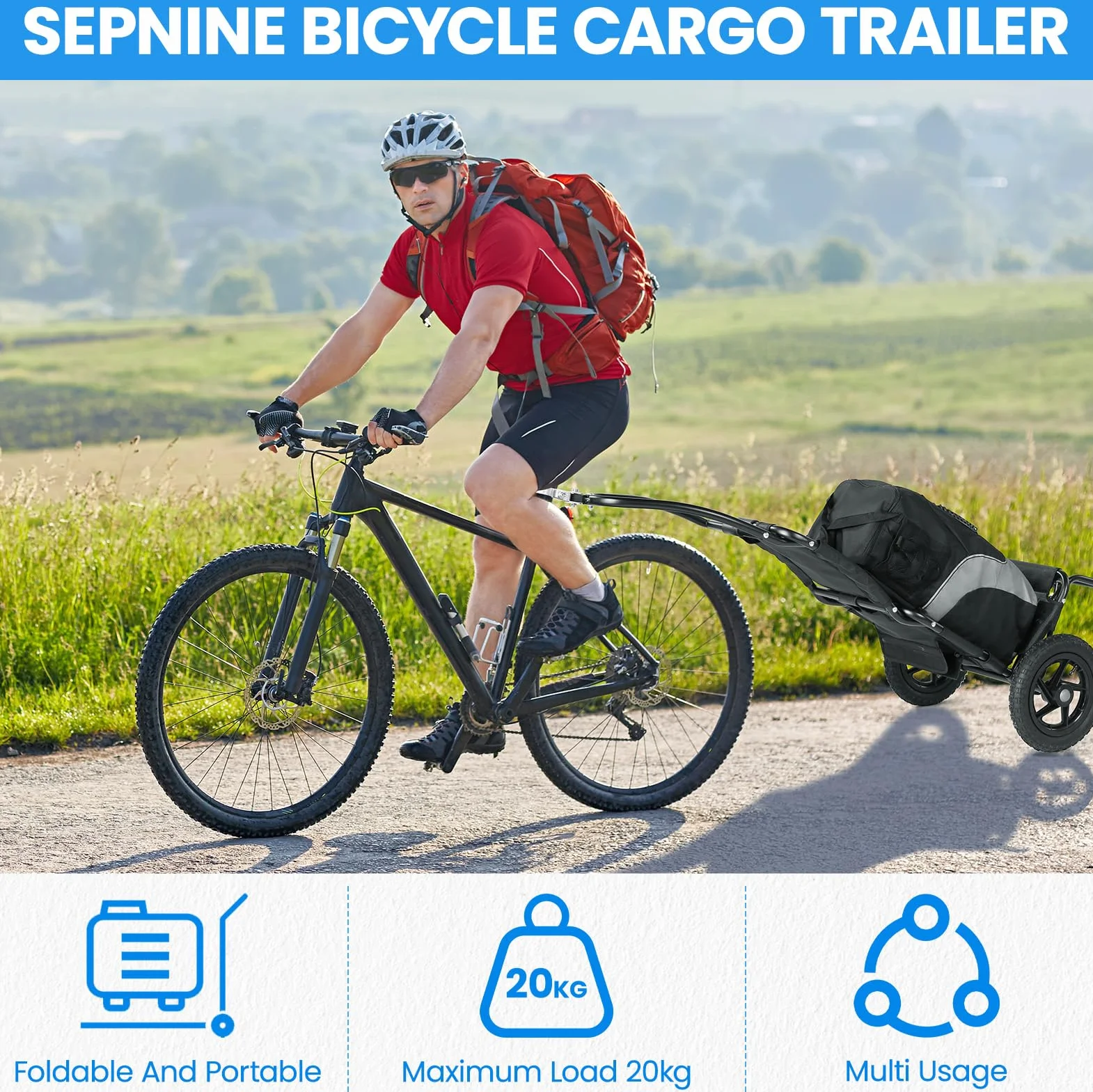 SEPNINE Rimorchio per carico bicicletta 2 in 1, carrello per la spesa, carrello a mano, telaio in acciaio legato, leggero pieghevole con pneumatici da 30 cm, peso di carico 20 kg