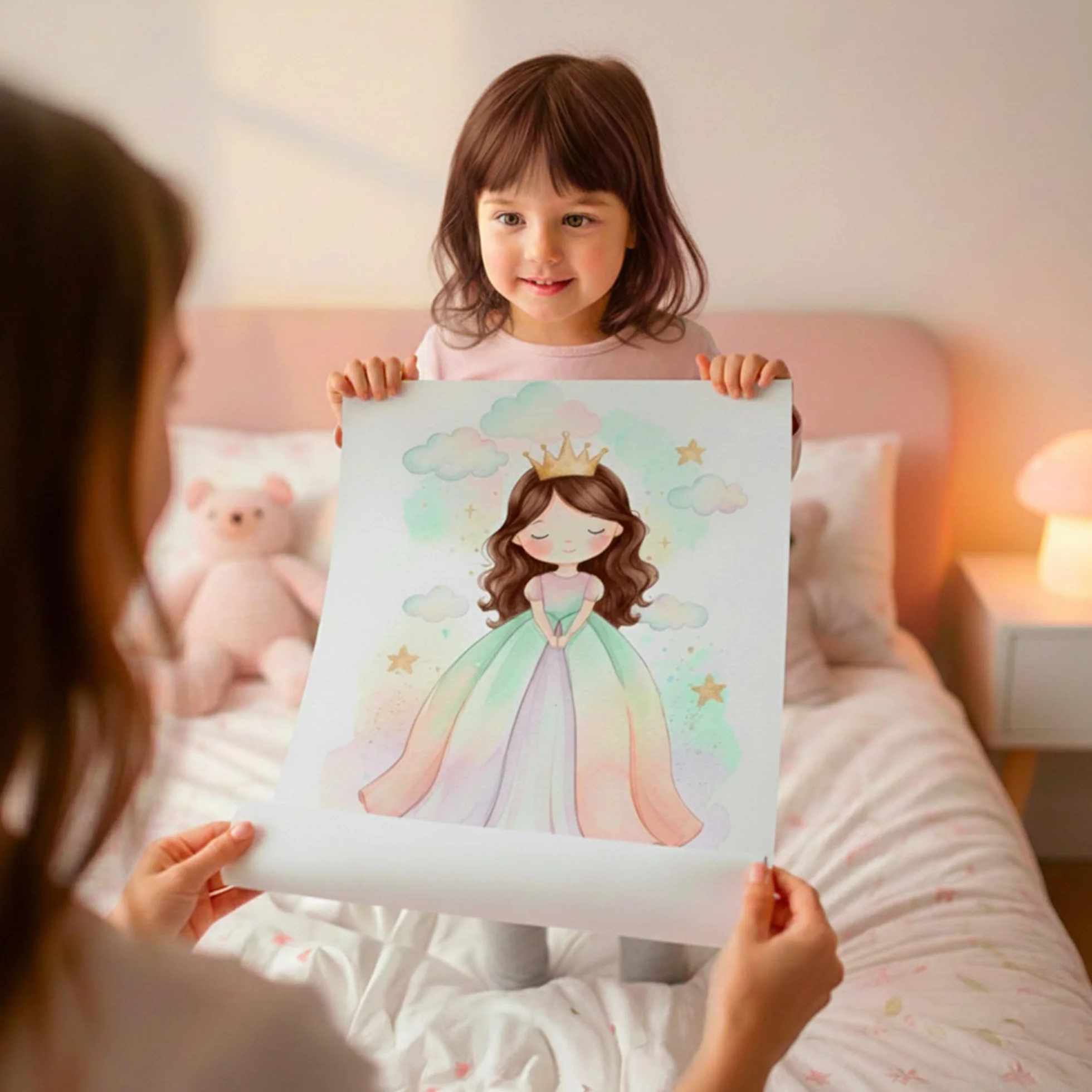 Triangle Déco Poster personalizzato nome Principessa dai capelli marroni con o senza Cornice pastello acquerello fata ragazza Poster Tela o Plexiglass regalo nascita compleanno Natale camera bambini