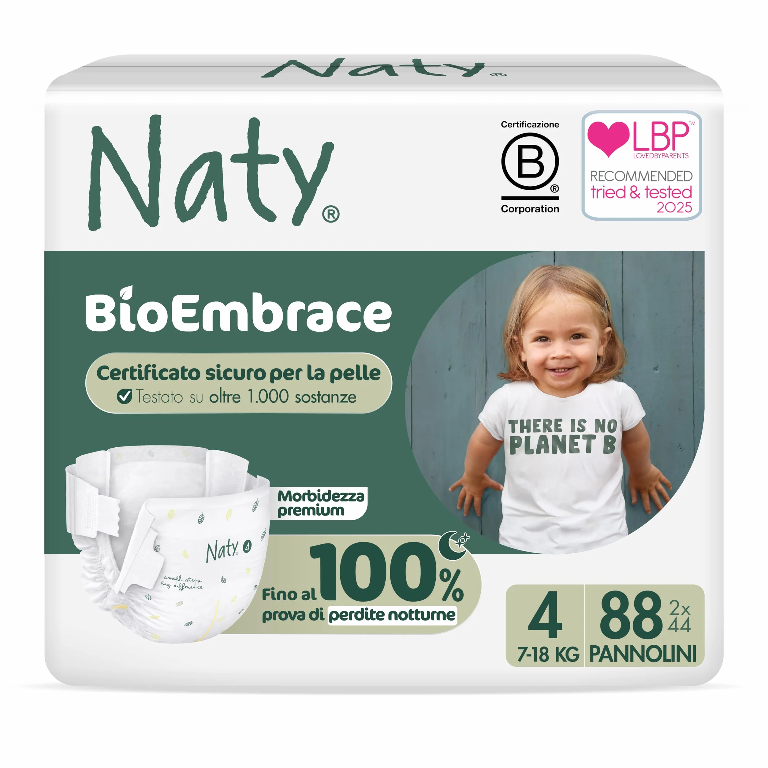 Naty BioEmbrace Pannolini per Bambini | Certificati per pelle sensibile | Protezione anti-perdite fino al 100% | Morbidezza vegetale | Senza profumo & cloro | Taglia 4 (7–18 kg), 88 pz
