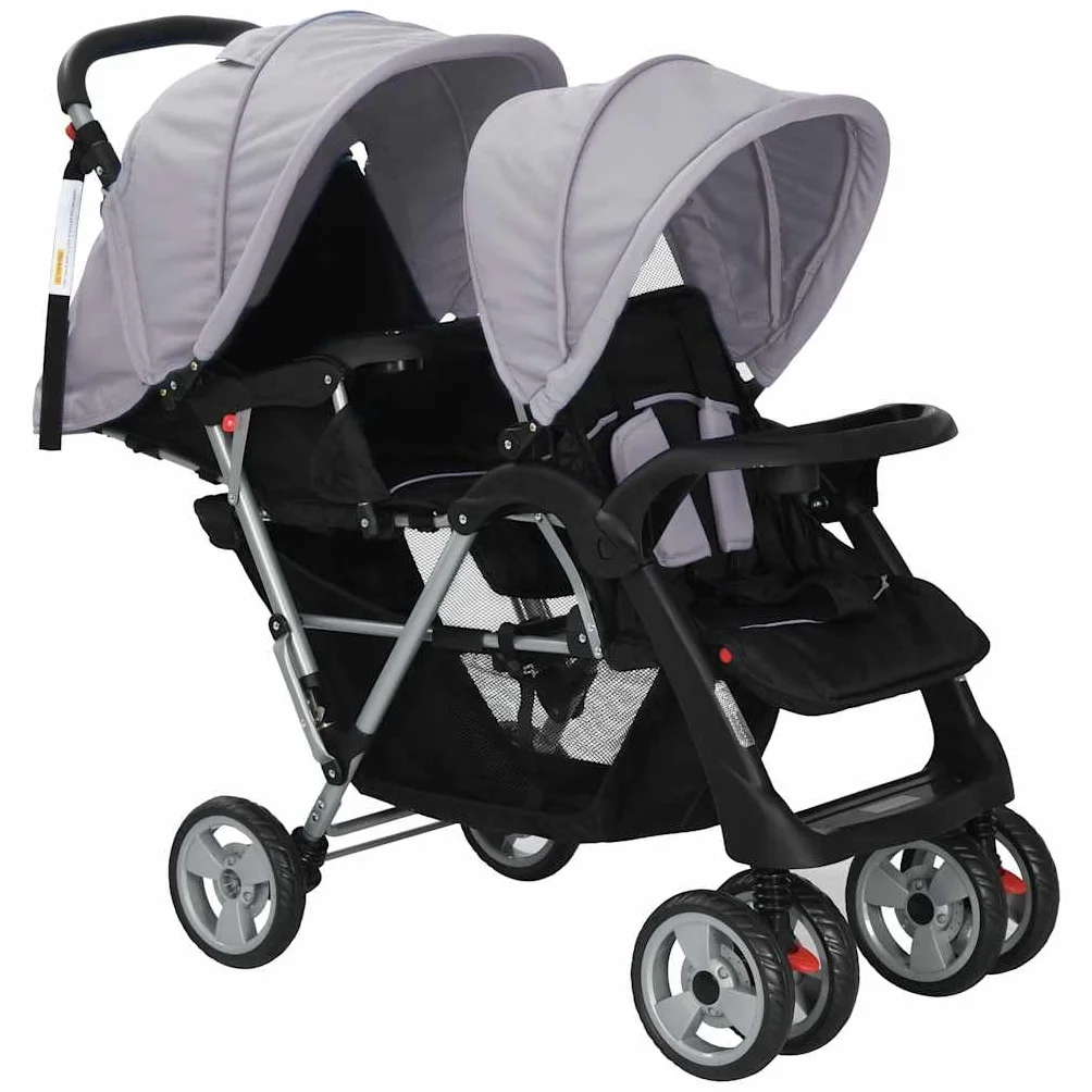 vidaXL Passeggino Gemellare a Tandem in Acciaio Grigio e Nero Carrozzina Bimbi