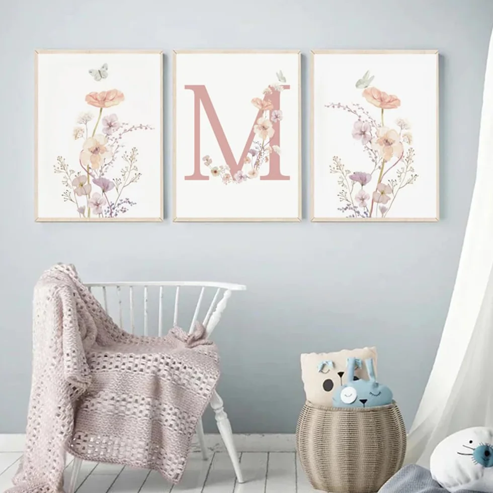 Youihom 3 Quadri Bambini Nome Stampe Cameretta Bimba Floreali Rosa 30 x 40 Quadretti Personalizzati Bimba Poster Camera Neonato Tela senza Cornice