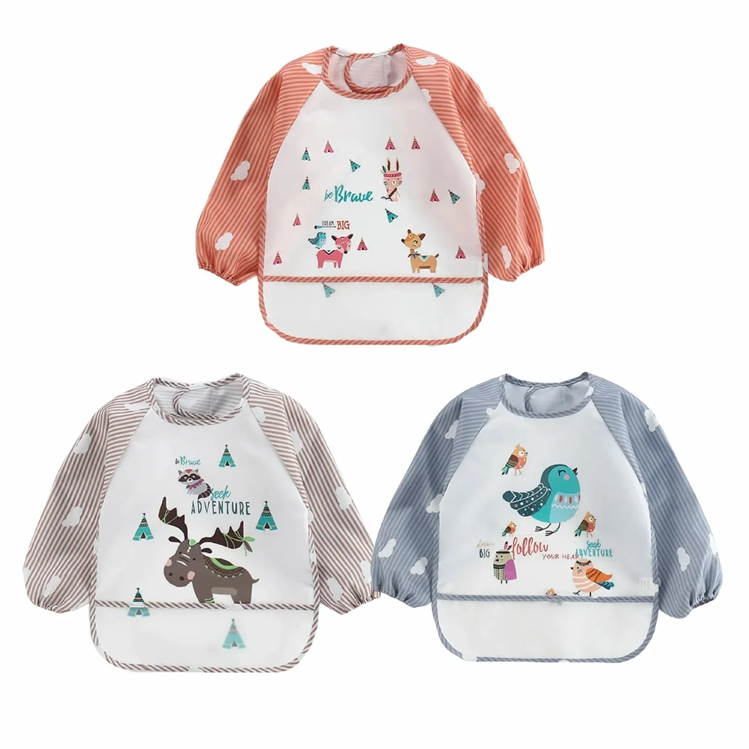 Set di 3 Bavaglino a Manica lunga Bavaglino Impermeabile Grembiule 6 a 36 mesi