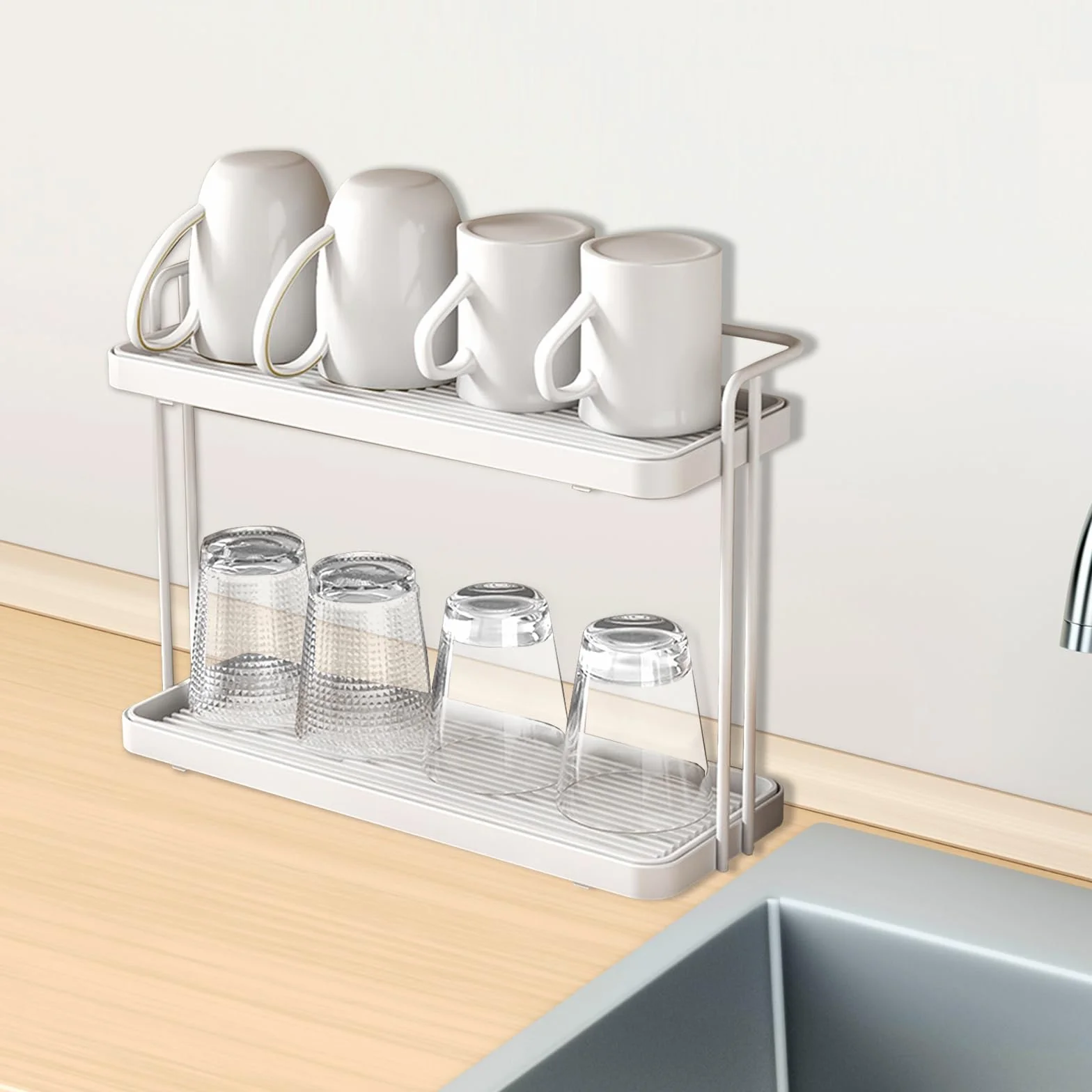 2 Strati Scolabottiglie, con Vassoio Antigoccia, Porta Tazzine da Caffè, Organizer per Piano di Lavoro Della Cucina, Scolapiatti per Biberon, per Bottiglie, Bicchieri e Tazze