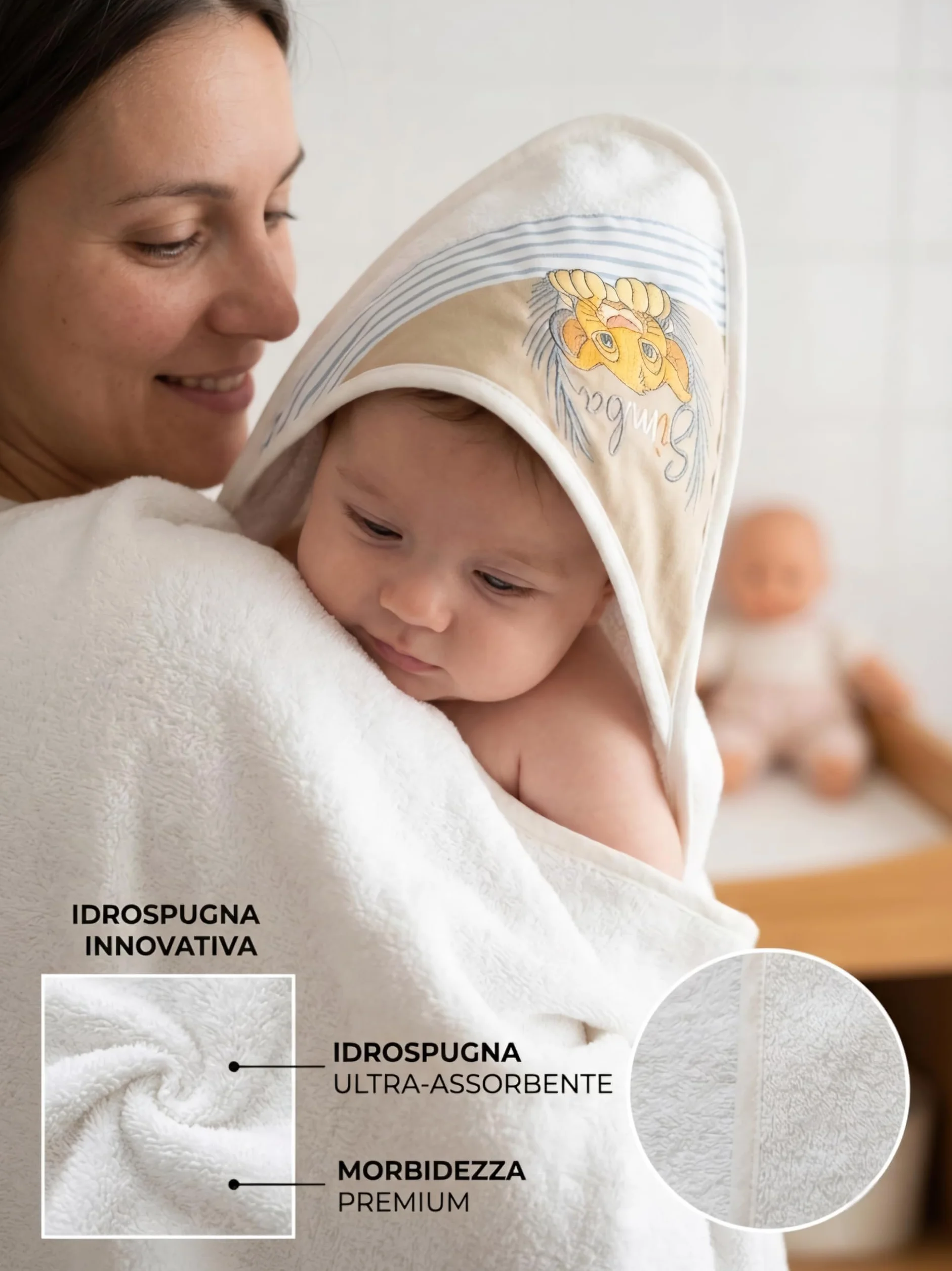 Ellepi Accappatoio Neonato Disney Baby Triangolo 75x75 cm – Idrospugna Innovativa Ultra Assorbente e Morbidissima – Telo Bagno Neonato con Cappuccio Simba e Milù (Simba)