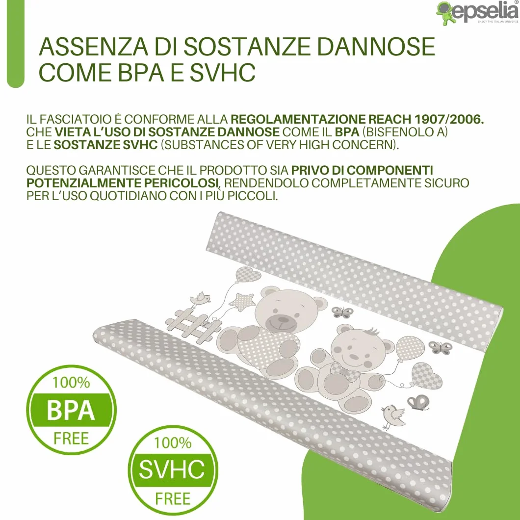 EPSELIA Materassino Fasciatoio in PVC, tasca di fissaggio Atossico a Norma Europea EN71, Test Anti-ribaltamento a Norma Europea EN 12221-1/2, cm 80x50 H10 Facile Manutenzione, Impermeabile, Tortora