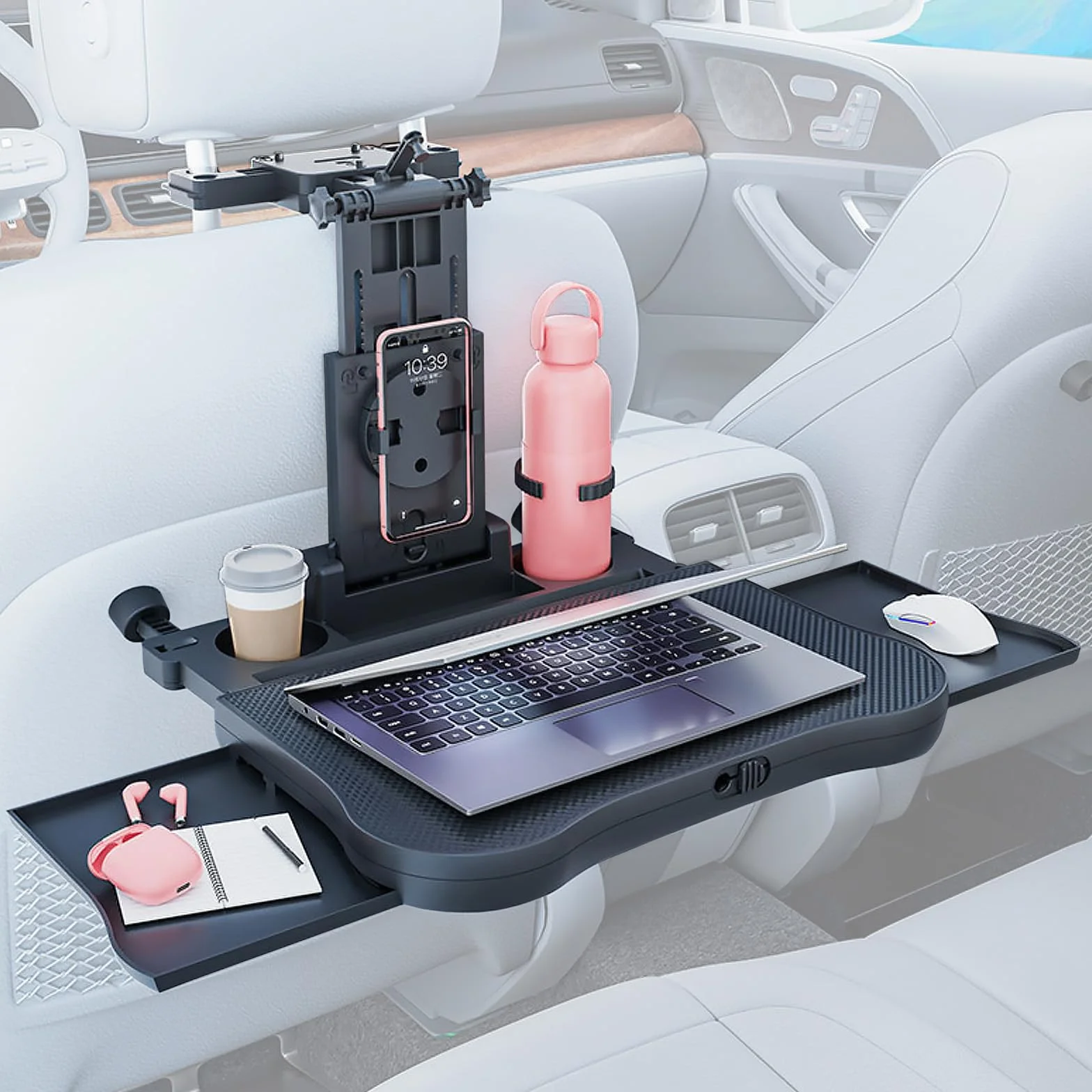 Tavolino Auto, Vassoio del Sedile Posteriore 'Automobile con Portabicchieri e Supporto, Pieghevole, Telescopico, per Viaggi, Lavoro, Cibo (Portata 20kg)