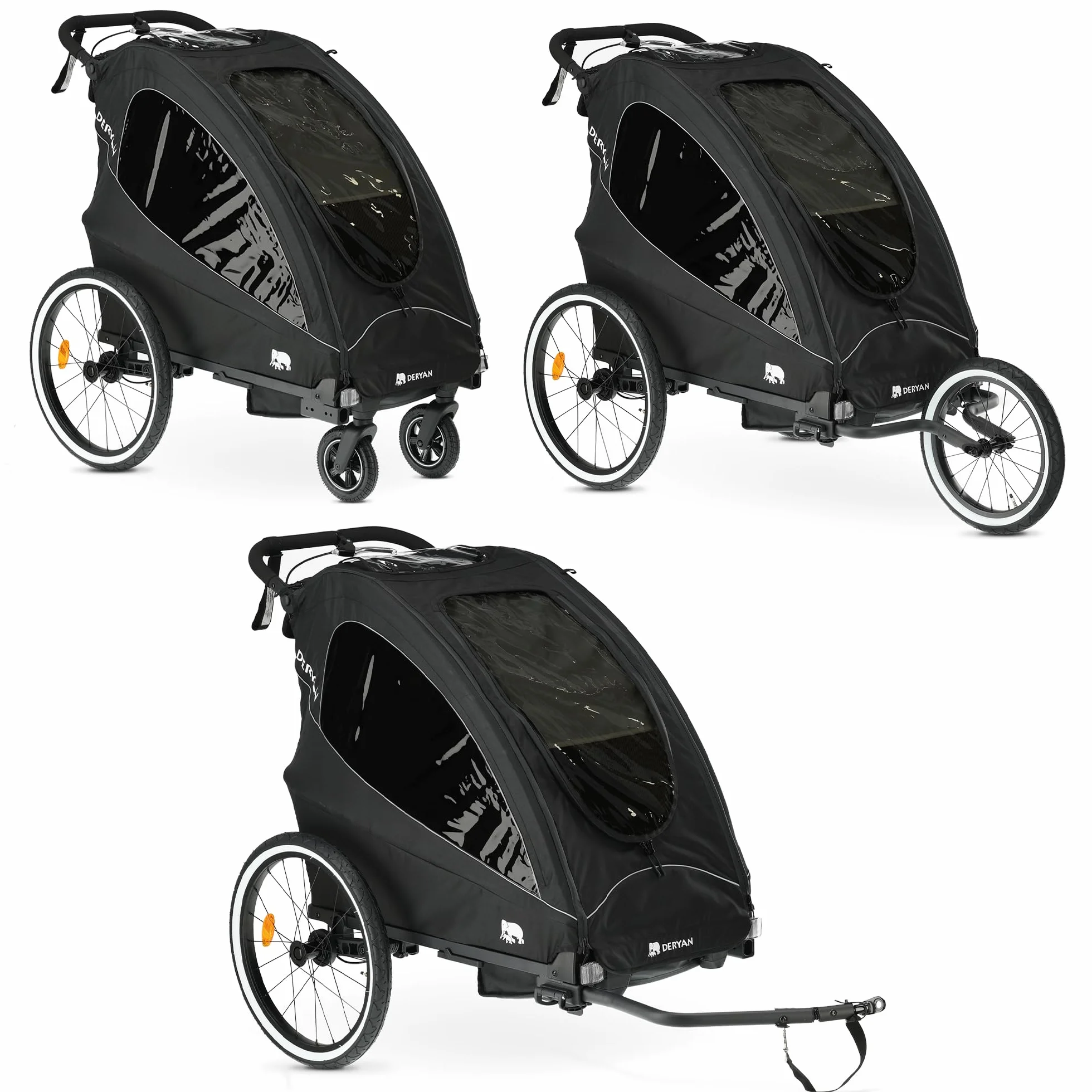 Deryan Luxus 3-in-1 Rimorchio per Bicicletta per 1 Bambini – Rimorchio per Bicicletta, Passeggino & Jogger – Passeggino Multifunzionale con Cintura a 5 Punti – Nero