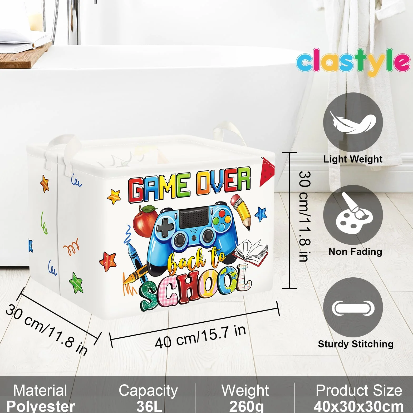 Clastyle Ceste Biancheria Gioco Cestino Giocattoli Vestiti Impermeabile per Ragazzo Ragazza Cestino Portaoggetti per Bagno Cameretta Bucato, Scuola Bianca, 40x30x30 cm