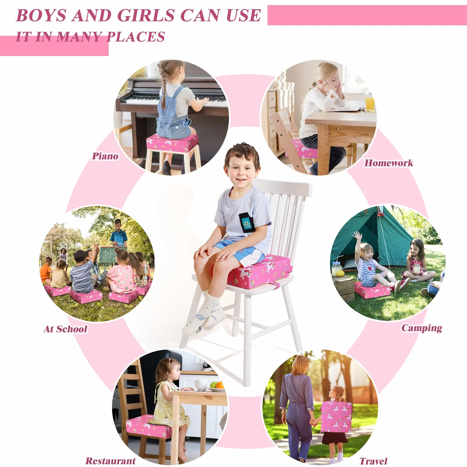 Rialzo Sedia Bambini Lavabile Rimovibile Portatile Cartone Animato Rialzo Sedia Bambini da Tavolo 2 Regolabile Cinghiette Antiscivolo Alzasedia Bambini Portatile per Usare Casa Viaggio(Rosa)