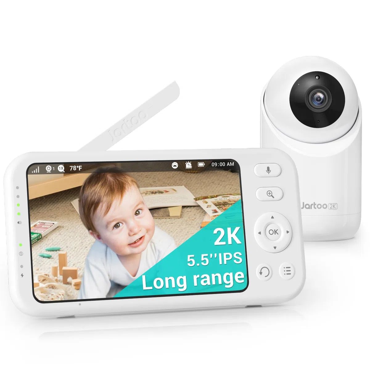 Jartoo Baby monitor con video 2K e videocamera e audio, monitor per bambini a lungo raggio di 567 metri senza WiFi, schermo FHD da 5,5", telecamera per bambini ANC wireless, orologio alimentatore