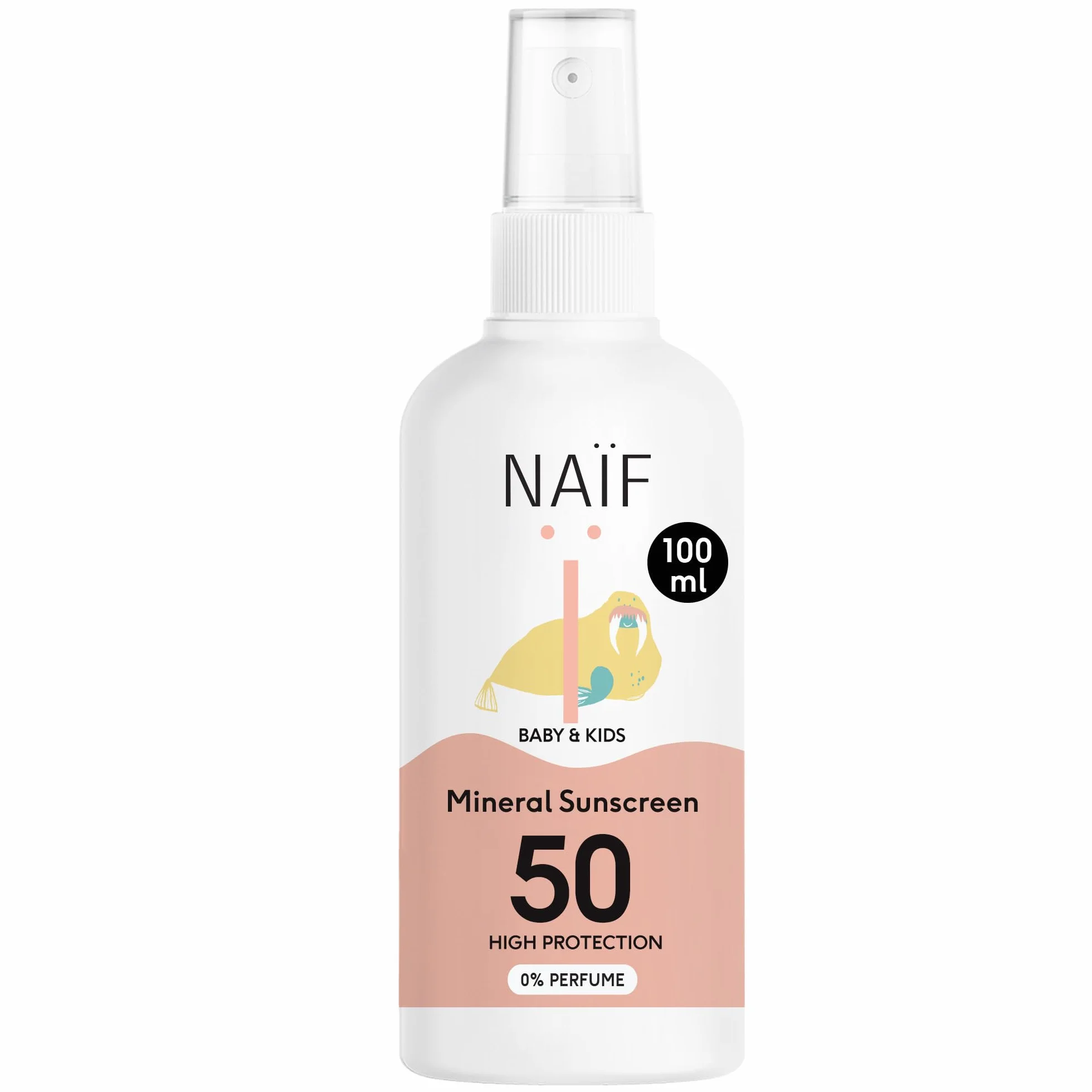 Naïf- Spray solare minerale- per neonati e bambini- 0% profumo- SPF 50- senza octocrilene- Protezione UVA e UVB- Resistente all'acqua- Dermatologicamente testato- Senza microplastiche- 100 ml