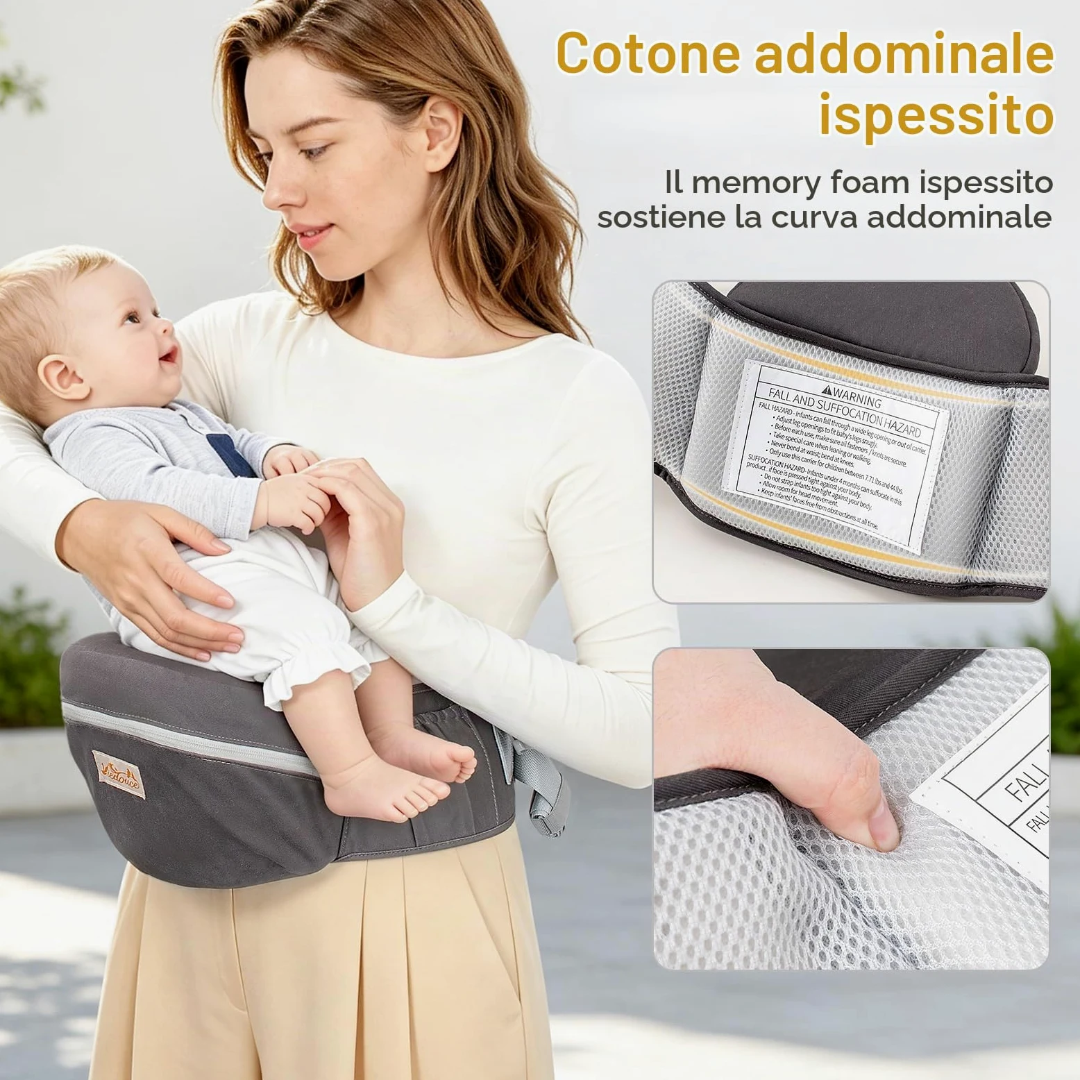 Viedouce Hipseat Marsupio Neonato Ergonomico, Neonati Marsupio Bambino con Cintura di Sicurezza, Leggero e Traspirante per 4-36 Mesi (Grigio Scuro)