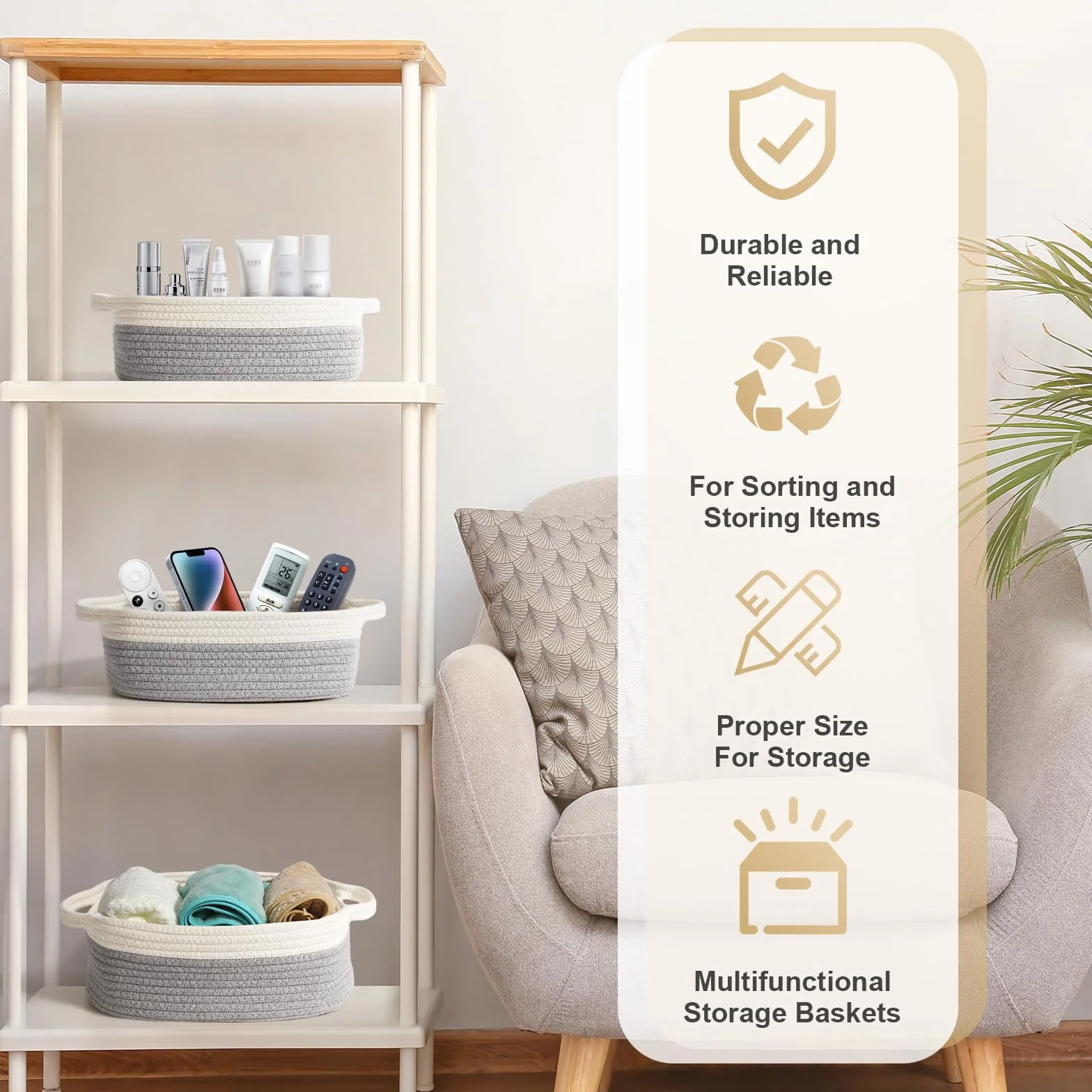 Cinnani Set di 5 Cestini Portaoggetti Intrecciato in Corda di Cotone, Impilabile Organizer Fasciatoio, Decorazione Cesto Portaoggetti per Bagno, Armadio, Camera da Letto, Soggiorno (Bianco/Grigio)