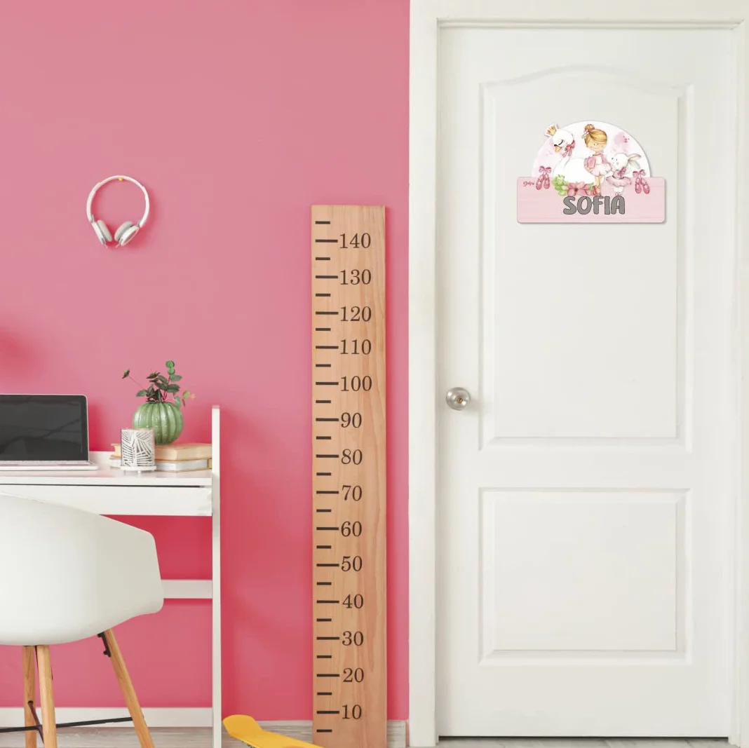 DEKORI Targhetta personalizzabile con nome per la porta, decorazione da parete in legno, sfiziosa idea regalo battesimo Comunione compleanno (Ballerina)