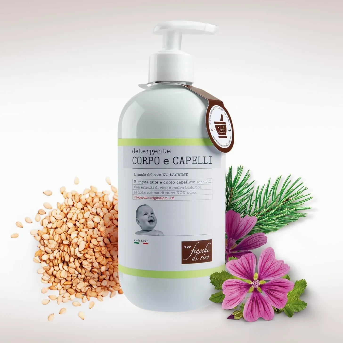 Fiocchi di Riso Detergente Corpo e Capelli Bimbi, Formula No Lacrime con Estratti di Riso e Malva Biologico, 4x400ml