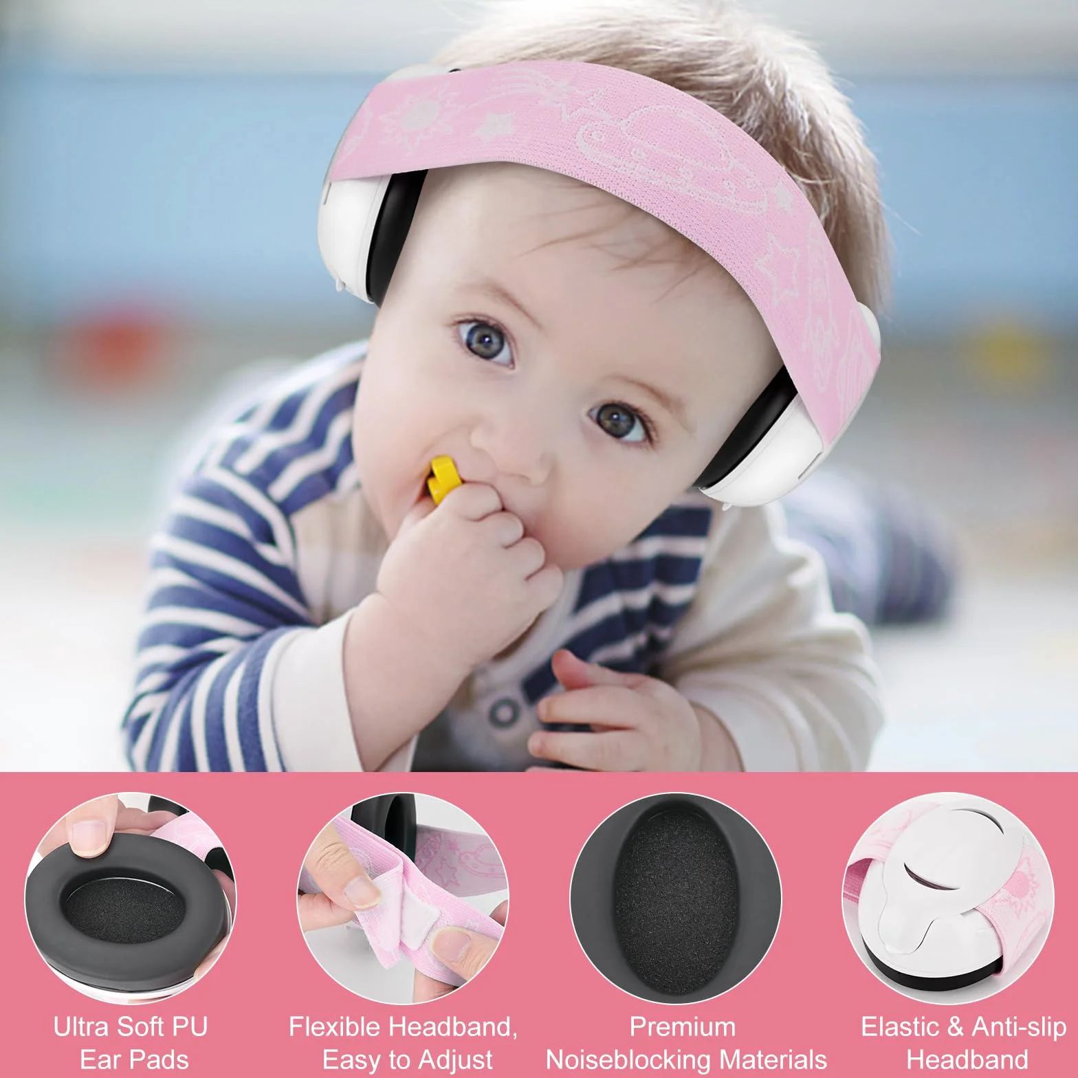 Baby Ear Defenders e protezioni, protezioni per le orecchie dei bambini con morbido cuscino regolabile paraorecchie a cancellazione di rumore per bambini compresa tra 3 mesi e 2 anni 25dB, rosa