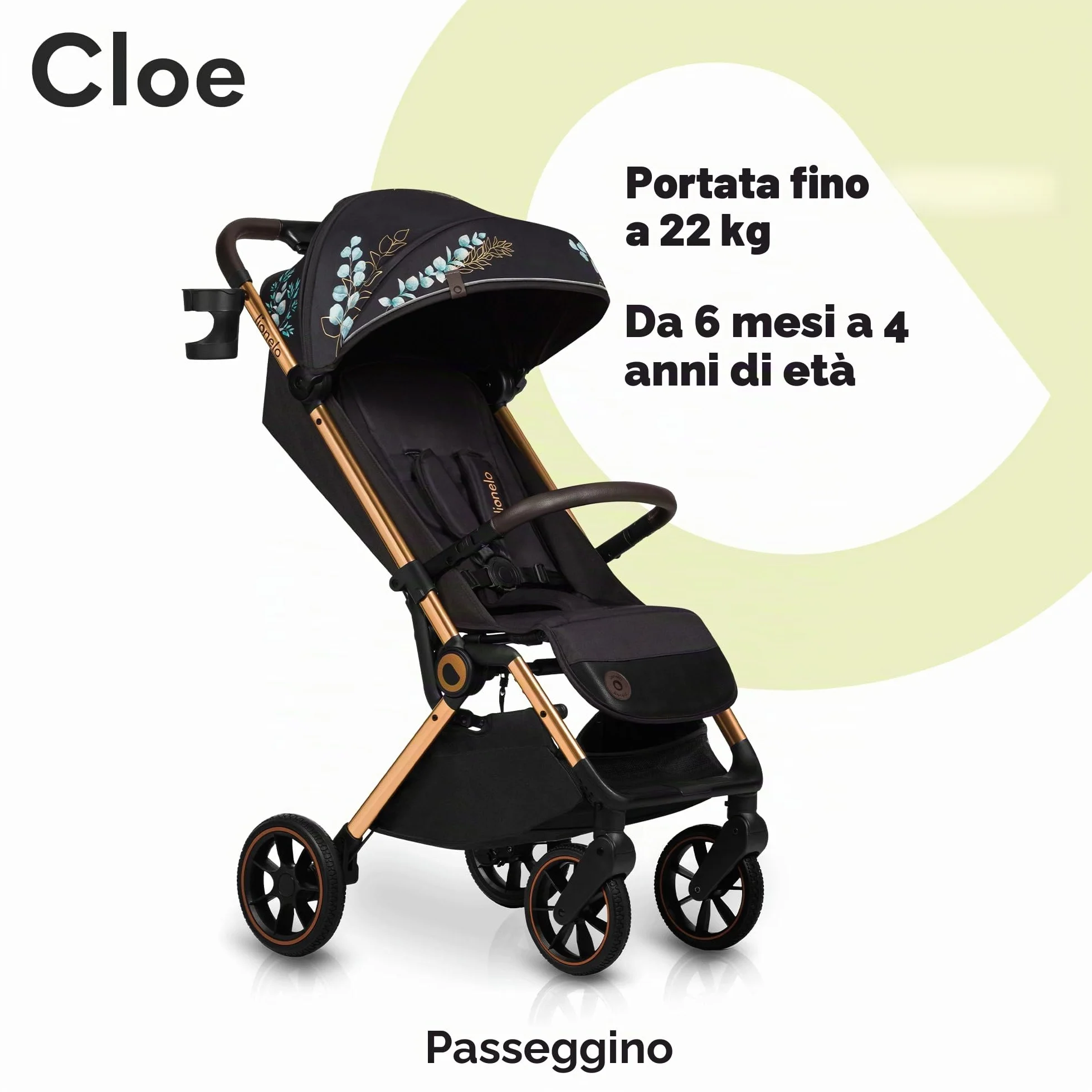 LIONELO Cloe Passeggino leggero e pieghevole per bambini da 0 fino a 22kg Schienale regolabile Posizione nanna Impermeabile, Cinture a 5 punti, Ruote XXL, Zanzariera, Portabicchieri (Momenti d'oro)