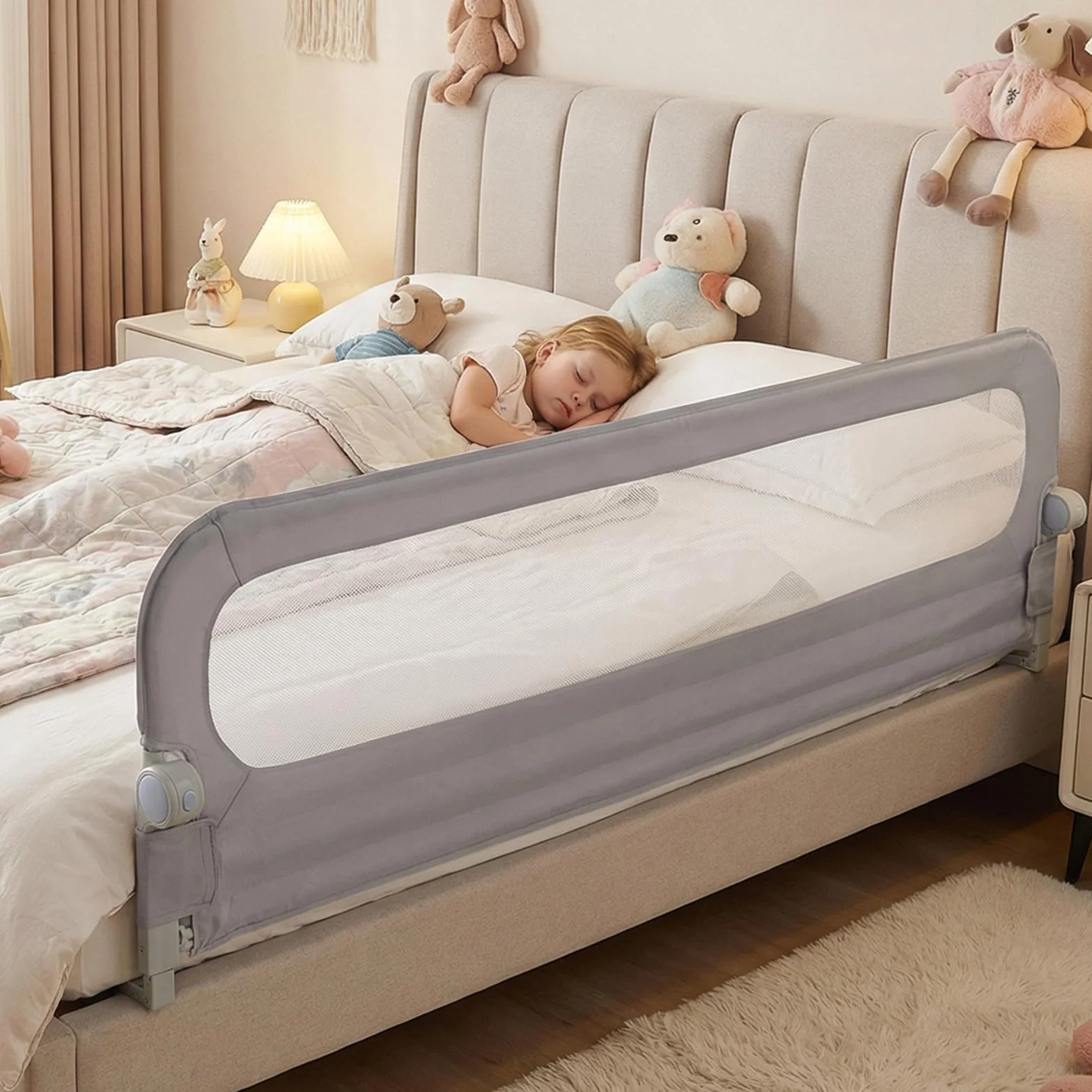 COSTWAY Sponda Letto per Bambini 80/120/150/180/200 cm, Barriera di Sicurezza per Neonati, Altezza Regolabile a 3 Livelli, Barriera Letto Pieghevole, con Cinghia di Sicurezza (200 cm,Grigio)