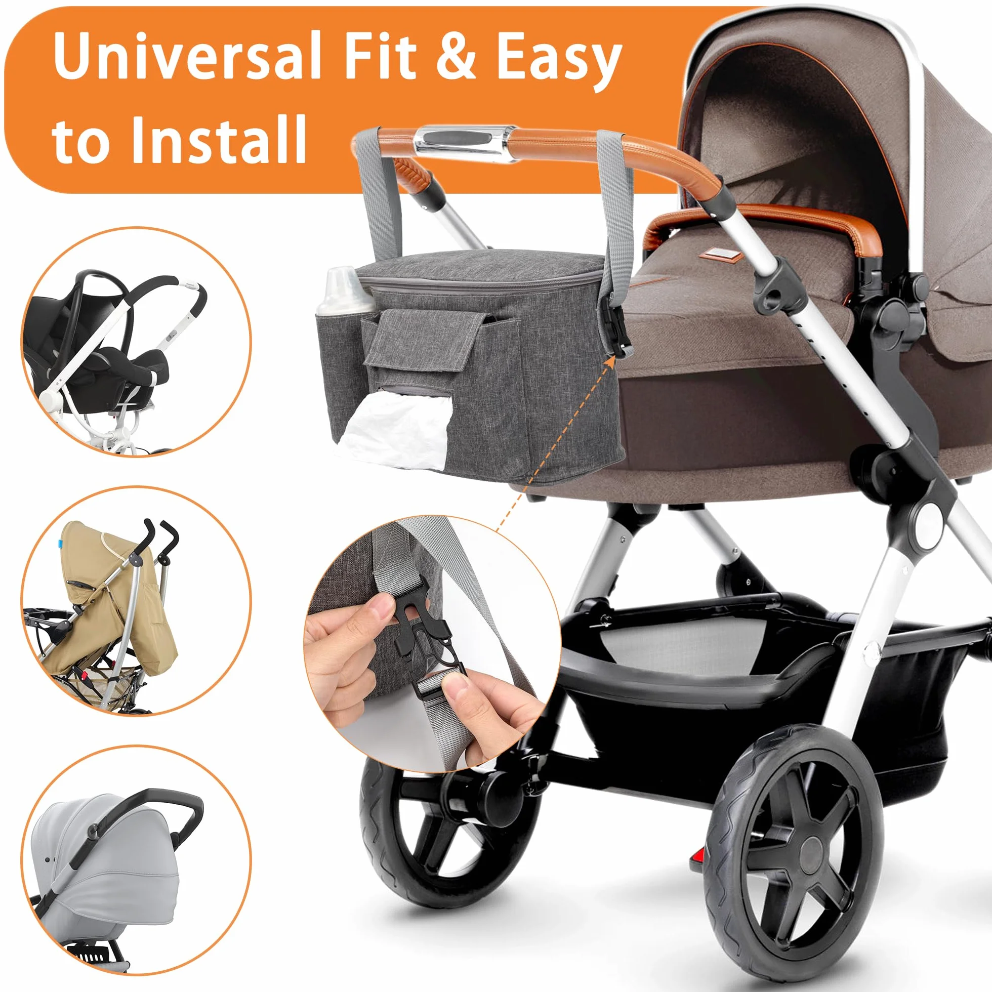 Borsa Organizer per Passeggino Universale con 3 Portabicchieri Borsa Neonato Passeggino con Spallacci Regolabili per Biberon Pannolini Salviette Giocattoli
