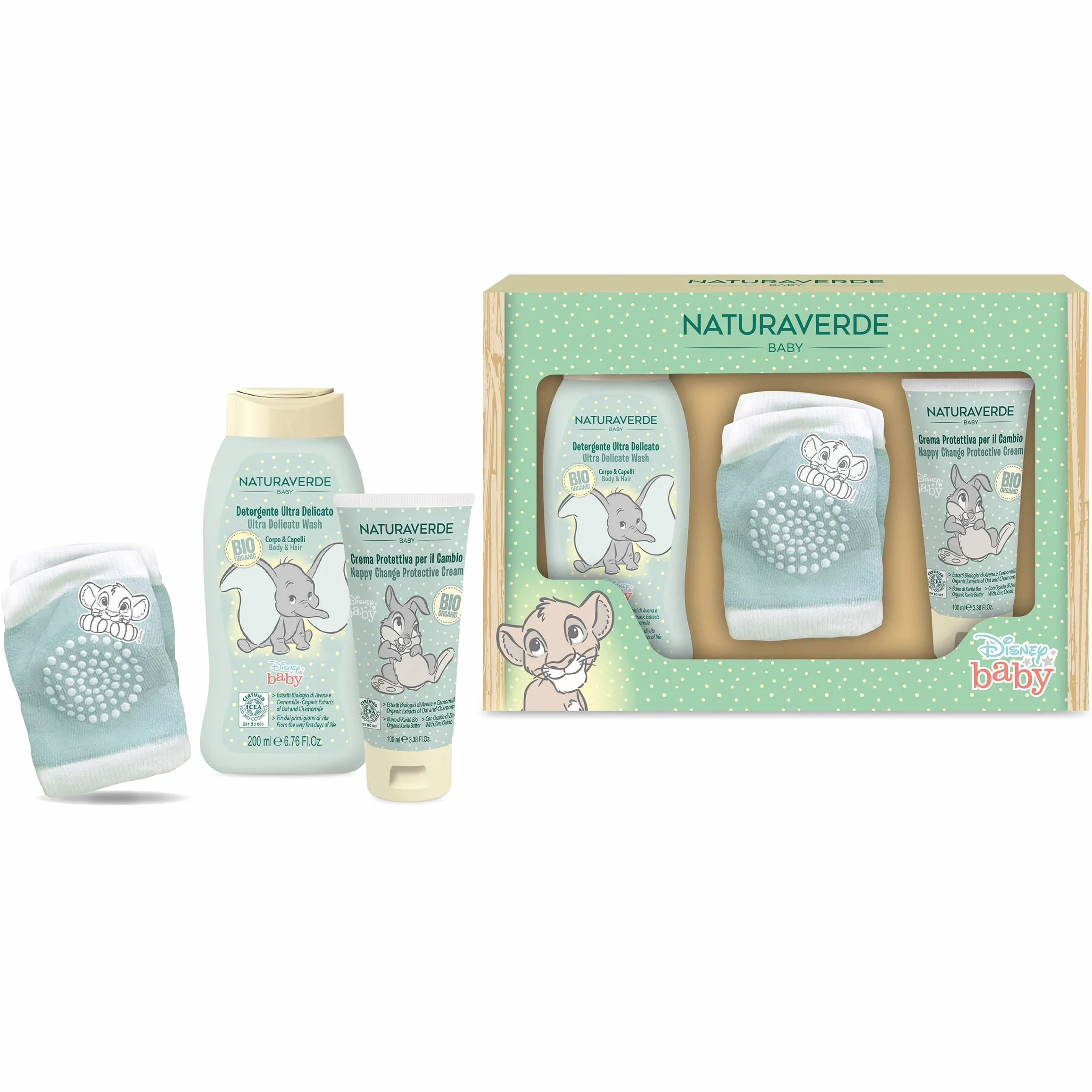 Naturaverde | Kids - Disney Baby - Set Regalo con Detergente Corpo e Capelli 200ml, Crema Protettiva per il Cambio 100ml e Ginocchiere per Gattonare con Antiscivolo