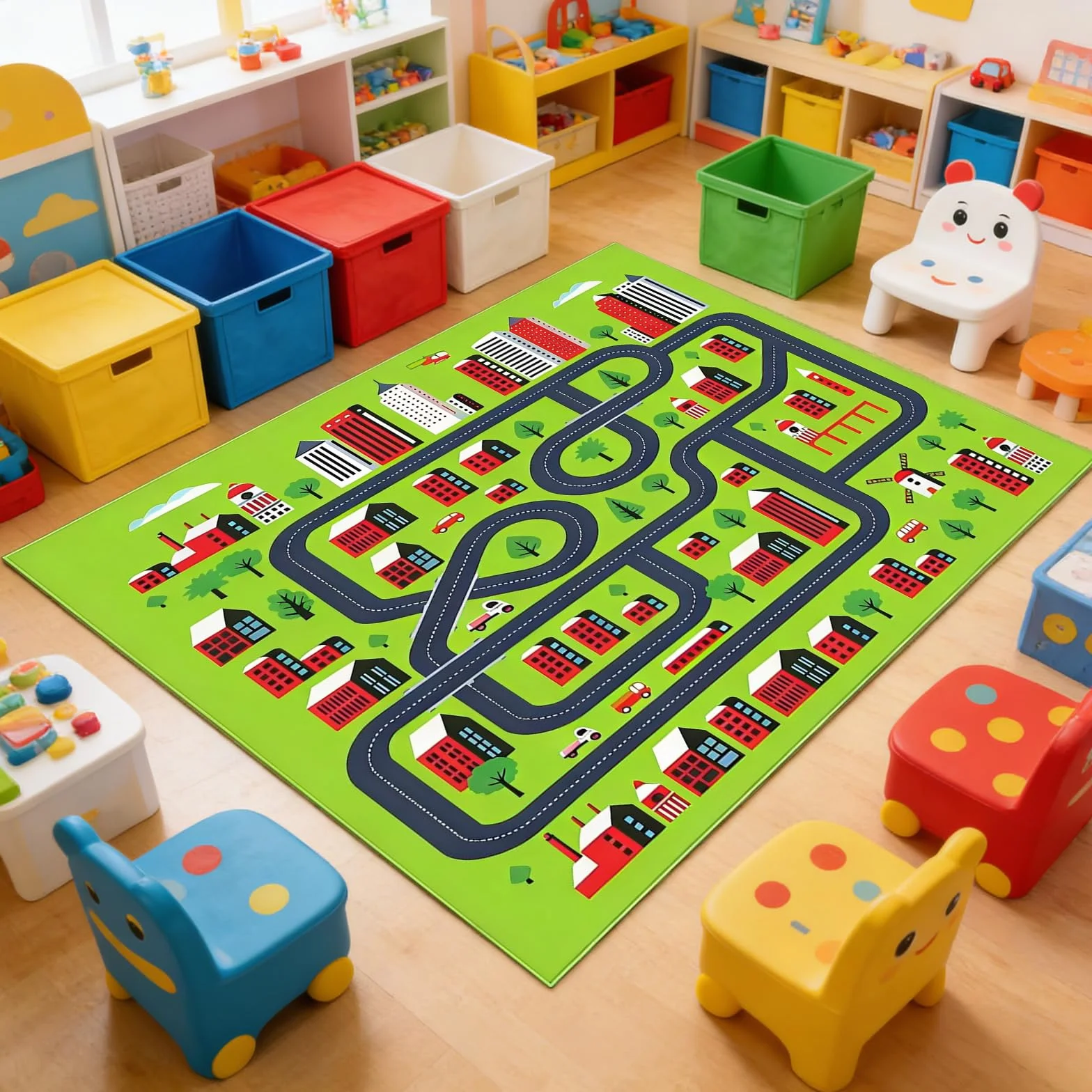 PORFOYO Tappeto Gioco,80 * 120 CM Tappetino Da Gioco,Tappeto Macchinine,Tappeto Stradale,Tappeto Da Gioco Pieghevole Per Decorare Una Sala Giochi O Una Camera Da Letto,Antiscivolo, Resistente,Verde