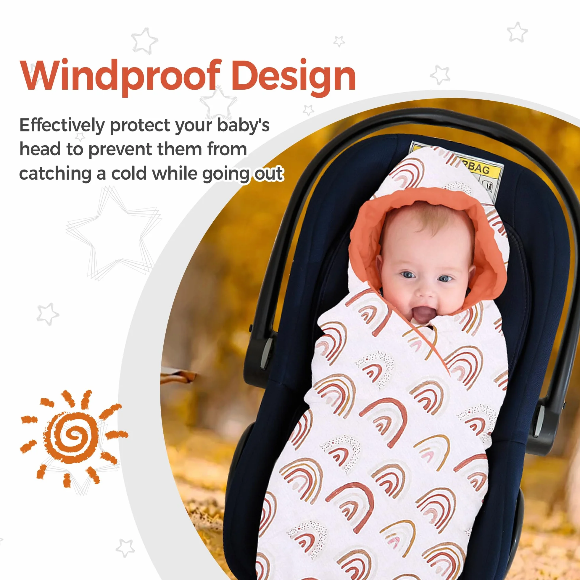 Miracle Baby Coperta Avvolgente in Cotone 90x90cm, Copertina Multifunzionale Universale per Neonati, Passeggino, Ovetto e Seggiolino Auto, Reversibile per Quattro Stagioni, Arcobaleno