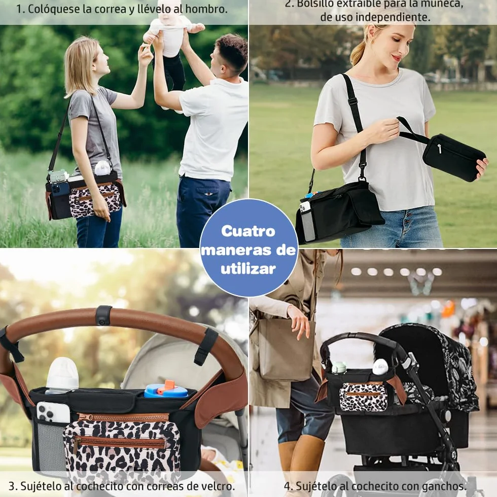 Borsa organizer per passeggino, borsa organizer per passeggino con portabicchieri isolato e tracolla regolabile, per pannolini e giocattoli, passeggino con 2 ganci (leopardo)
