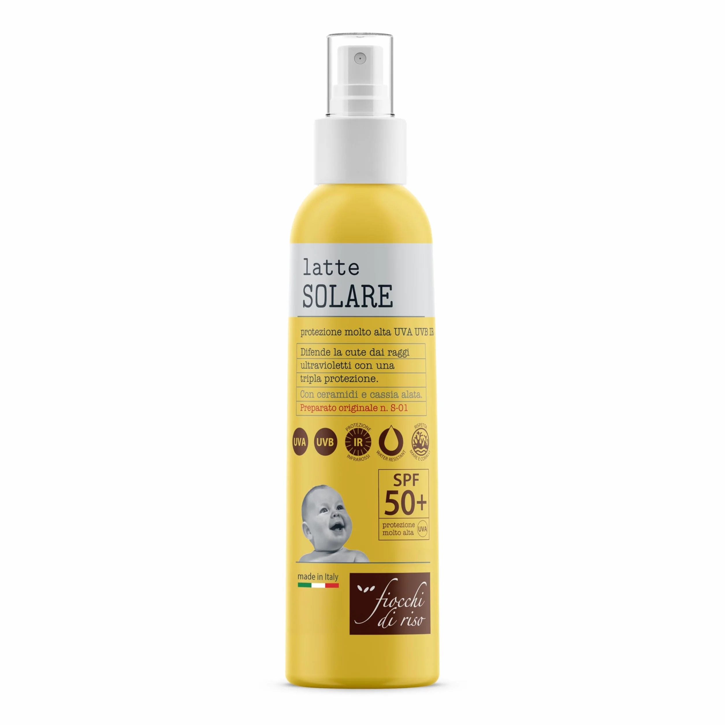 Fiocchi di Riso - Latte SOLARE 50+ - 140ml - PROTEZIONE SOLARE - SPF 50+ - Ideale per difendere la cute dai raggi ultravioletti con una tripla protezione, Con ceramidi e cassia alata. Pack riciclato