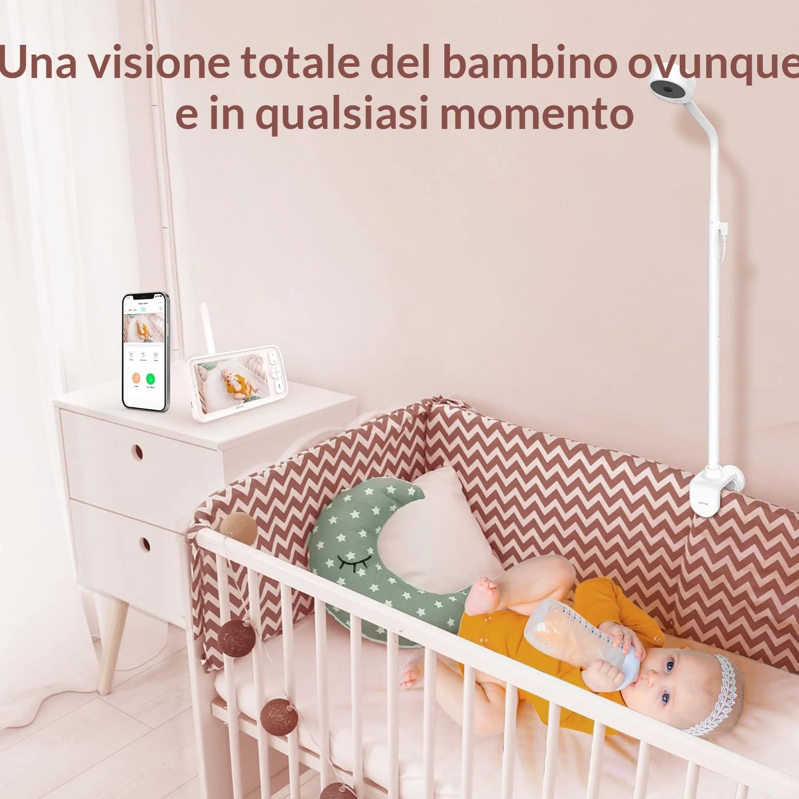 NETVUE Baby Monitor Video e Audio, Telecamera Bambini con Supporto 4 in 1, Controllo da HD 5" LCD Monitor e App Mobile, 3 Modalità di Rilevamento Intelligenti, Audio Bidirezionale, Visione Notturna