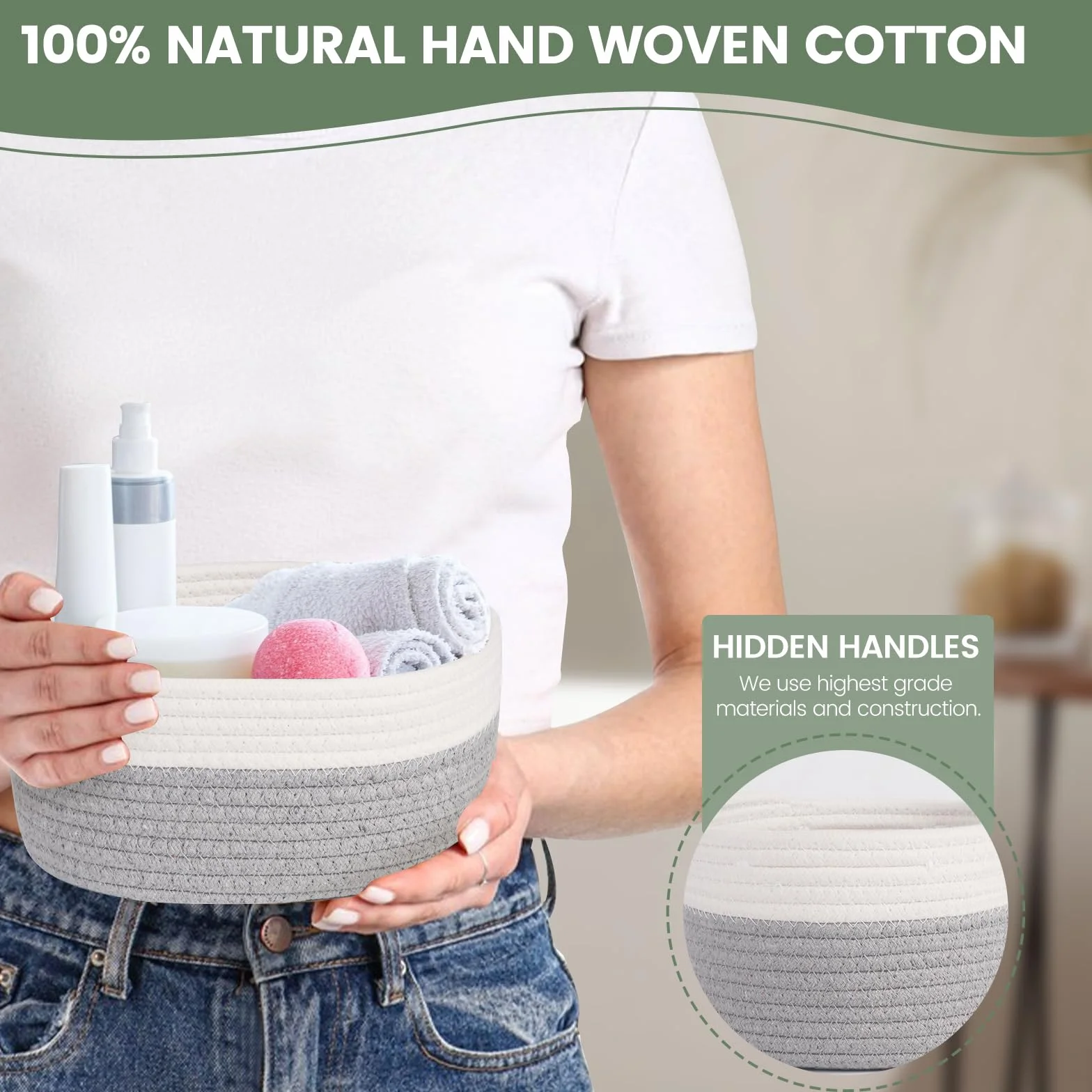 Set di 5 Cestini Portaoggetti,Piccoli Cestini in Cotone Intrecciato per Camera, Bagno e Mensole,Corda di Cotone per Bambini Bambina,Impilabile Organizer Fasciatoio