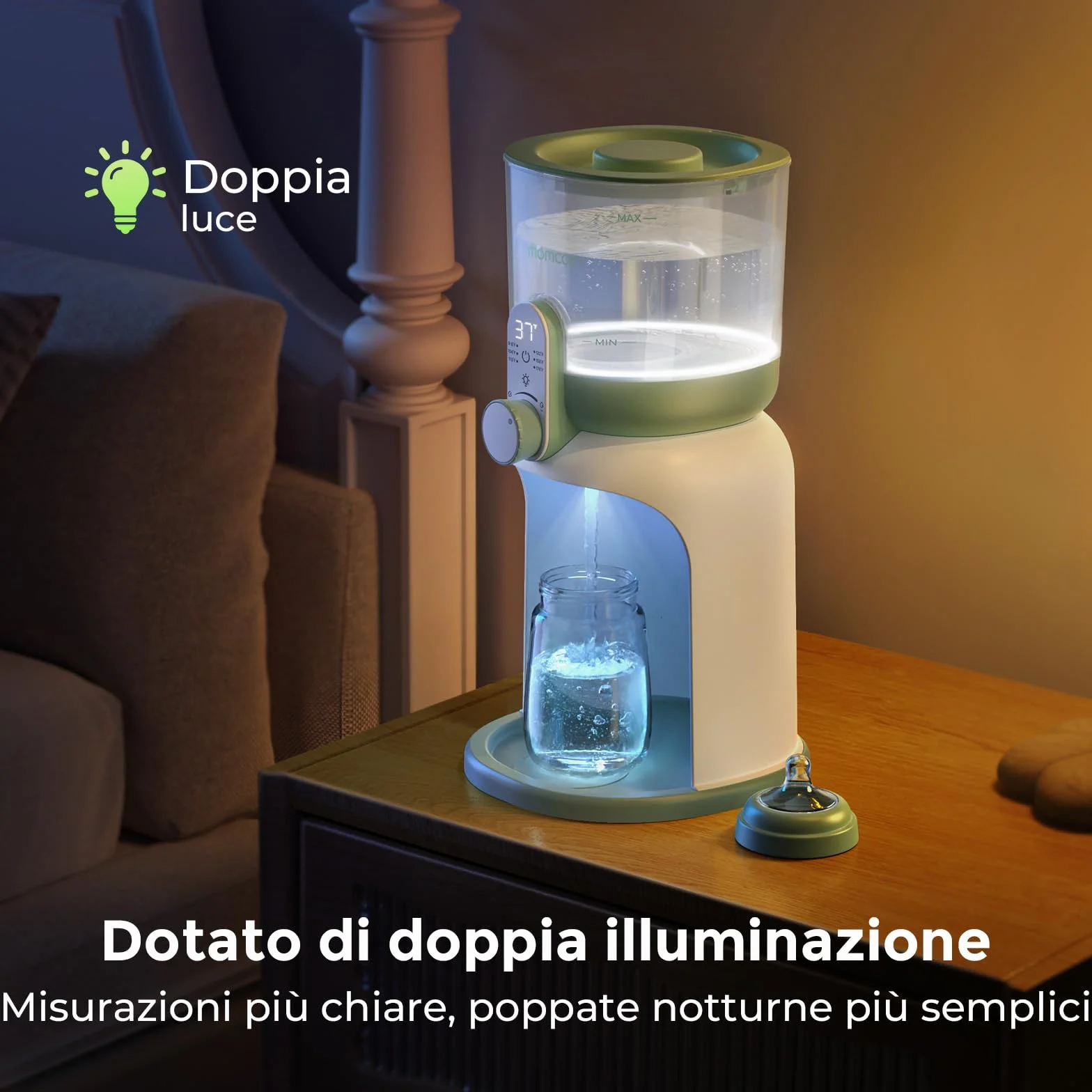 Momcozy Scaldacqua Istantaneo con Doppia Luce per Poppate Notturne, Scaldabiberon per Formula, Preparatore Latte in Polvere 1685 ML, Dispenser con 6 Temperature