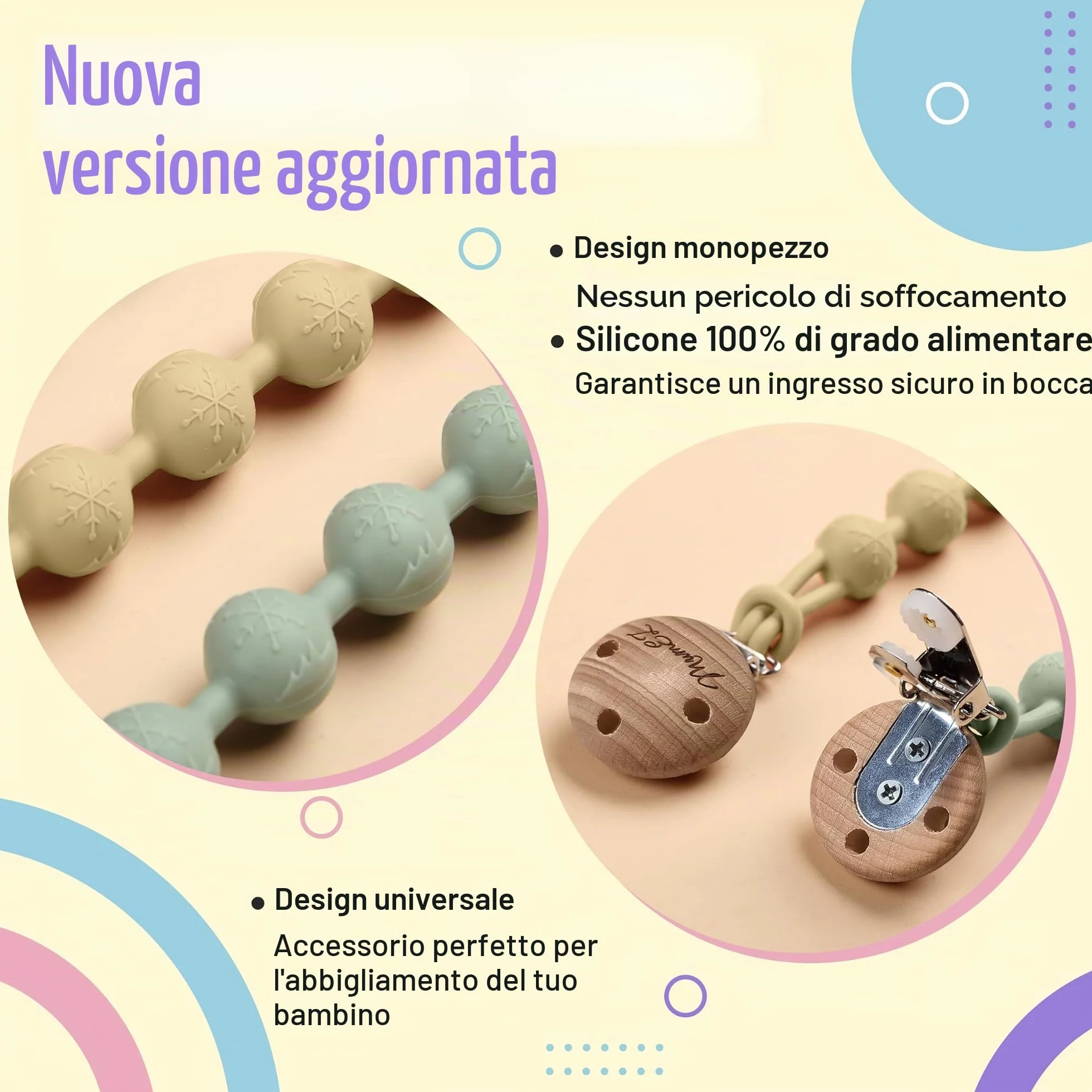Catenella Portaciuccio - Porta Ciuccio: Set 2 PCS Con Catenella Ciuccio, Portaciuccio Mam Clip per Tenere Pulito Il Ciuccio Del Tuo Bambino
