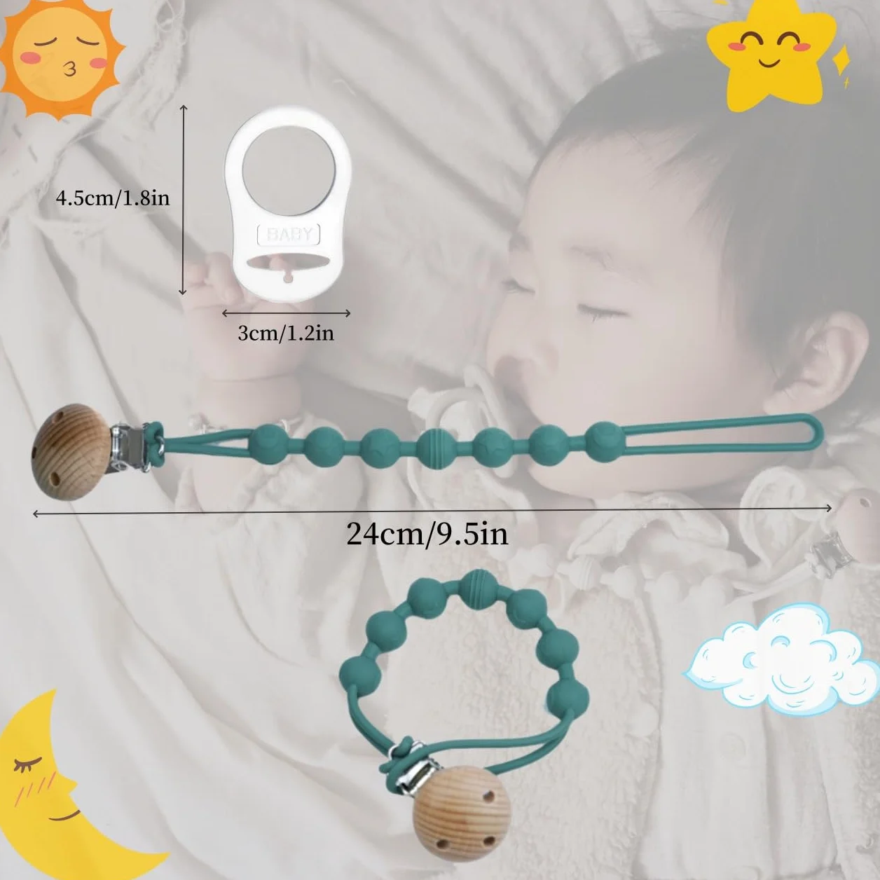 2 Pezzi Catenella Portaciuccio in Silicone,Set Catenelle per Ciuccio con 2 Pezzi Ciuccio Clip Adattatore, Portaciuccio Senza BPA,Catenelle per Ciuccio con Adattatore