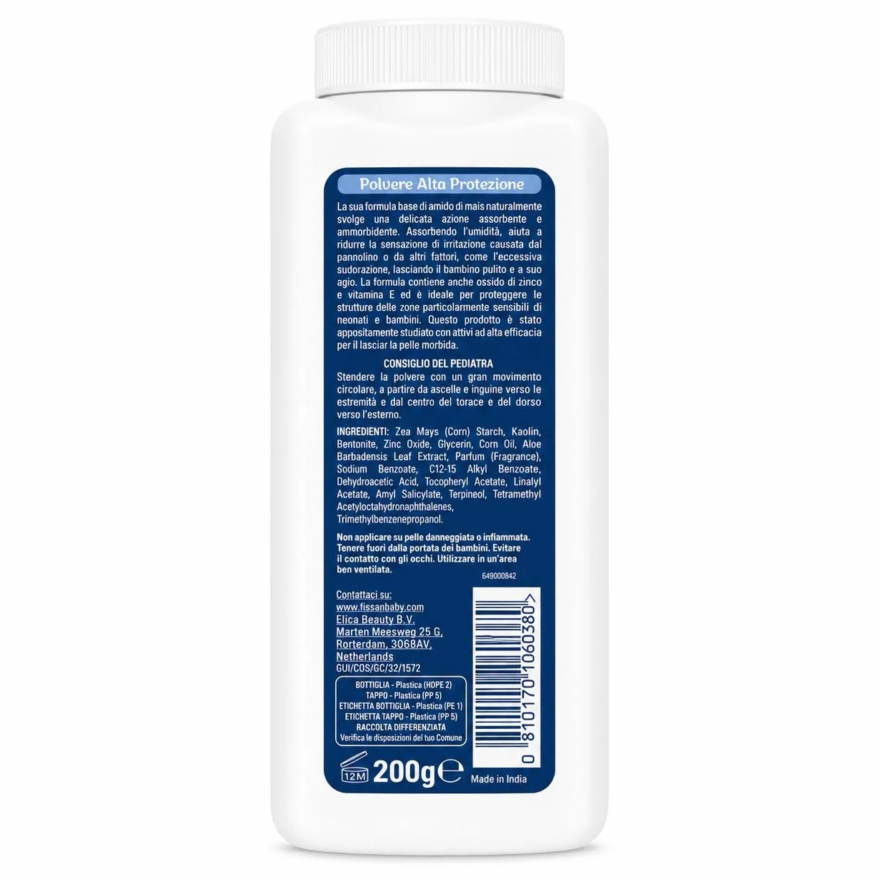 Polvere Alta Protezione – Talco Protettivo per Neonati e Bambini – Con Amido di Mais Naturale e Ossido di Zinco – Aiuta a Lenire e Assorbire l'Umidità – Pelle Delicata - 4 Unita da 200g