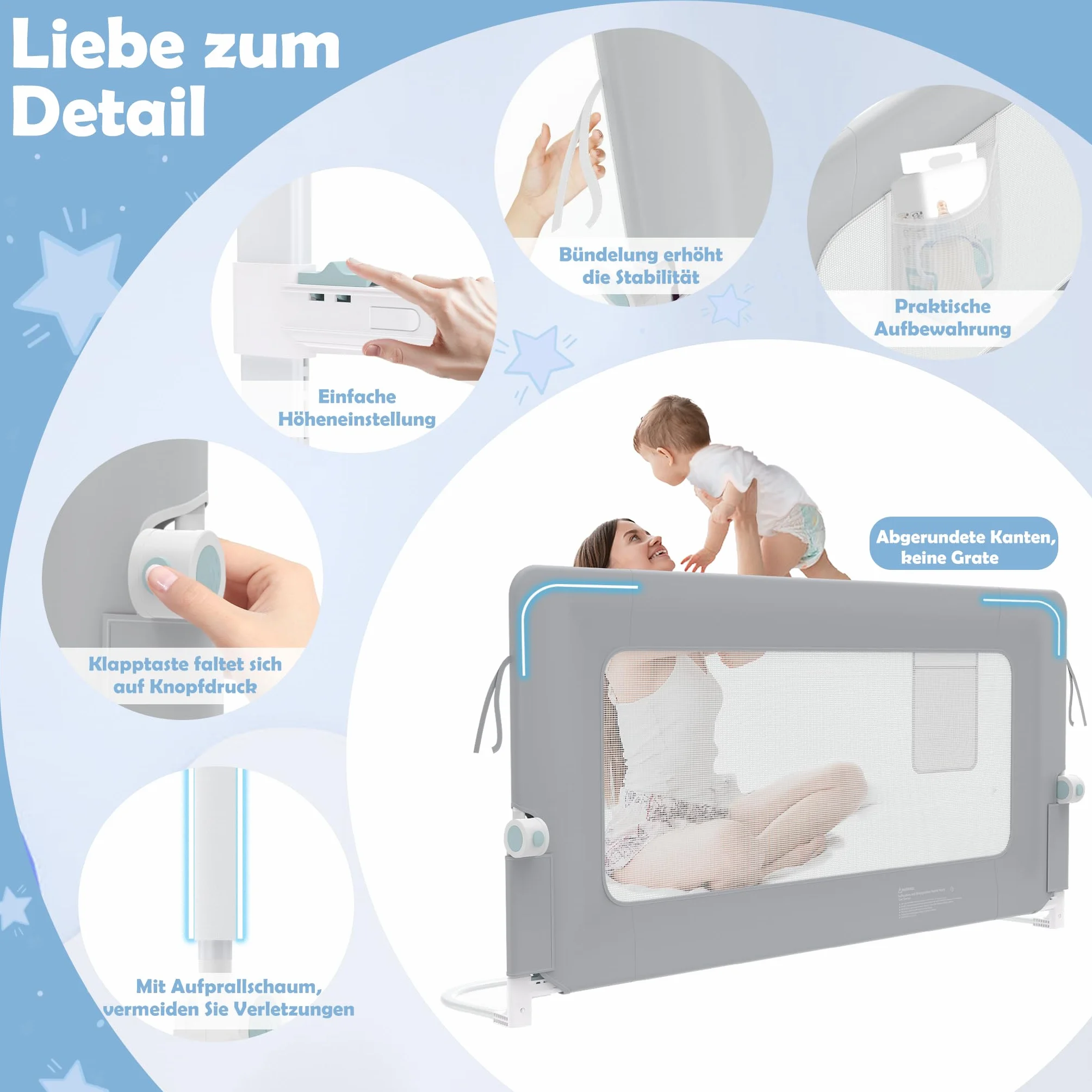 LZQ Zanzariera per letto per bambini, pieghevole, protezione contro le cadute, protezione dal letto, per bambini, protezione contro le cadute (grigio chiaro, 180 cm)