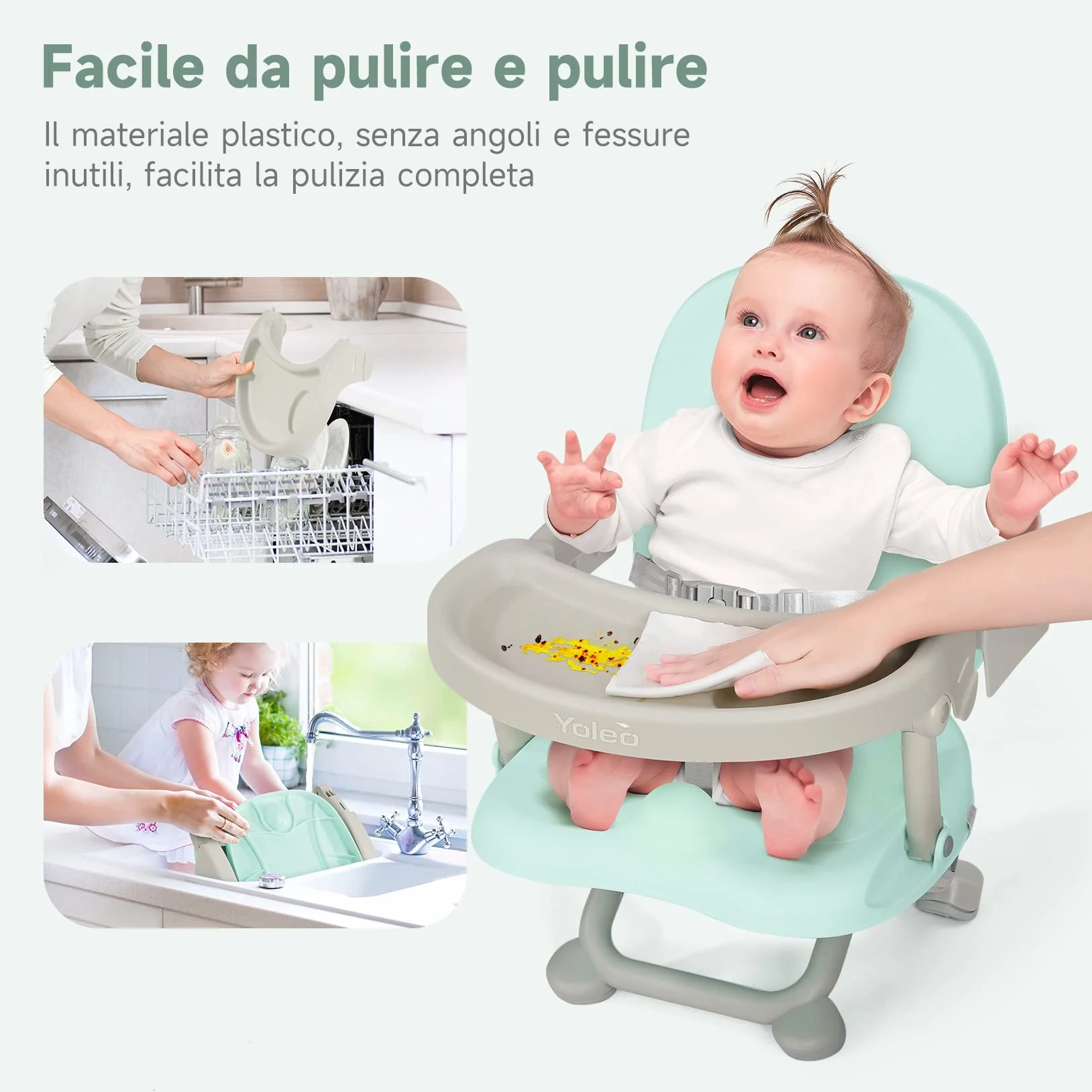 YOLEO Seggiolone Pappa, Portatile Rialzo Sedia Bambini per 6-36 mesi, Seggiolino per Bambini Regolabile con Chiusura Compatta e Vassoio Rimovibile, per uso Interno/Esterno (Verde senza Cuscino)