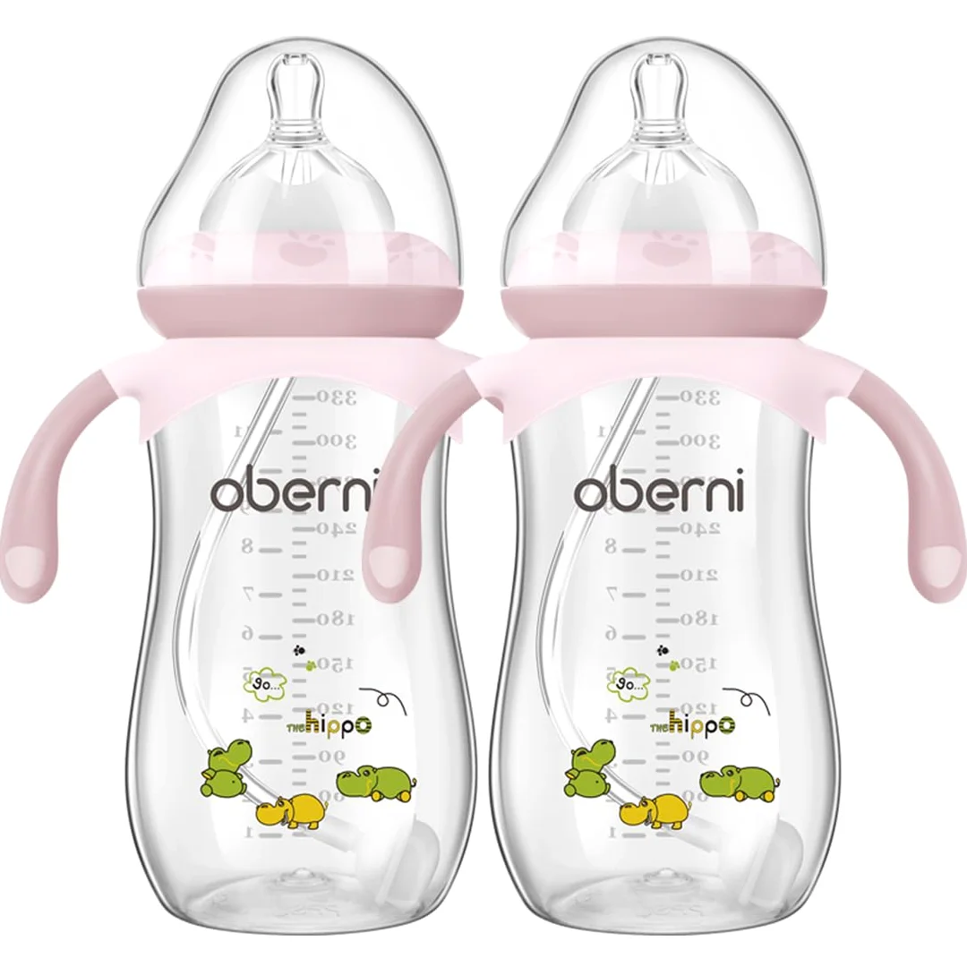 Oberni Biberon 330 ml, cannuccia ponderata, bottiglia per latte per bambini con tettarella variabile (misura +), a partire da 12 mesi, colore: rosa/2 pezzi