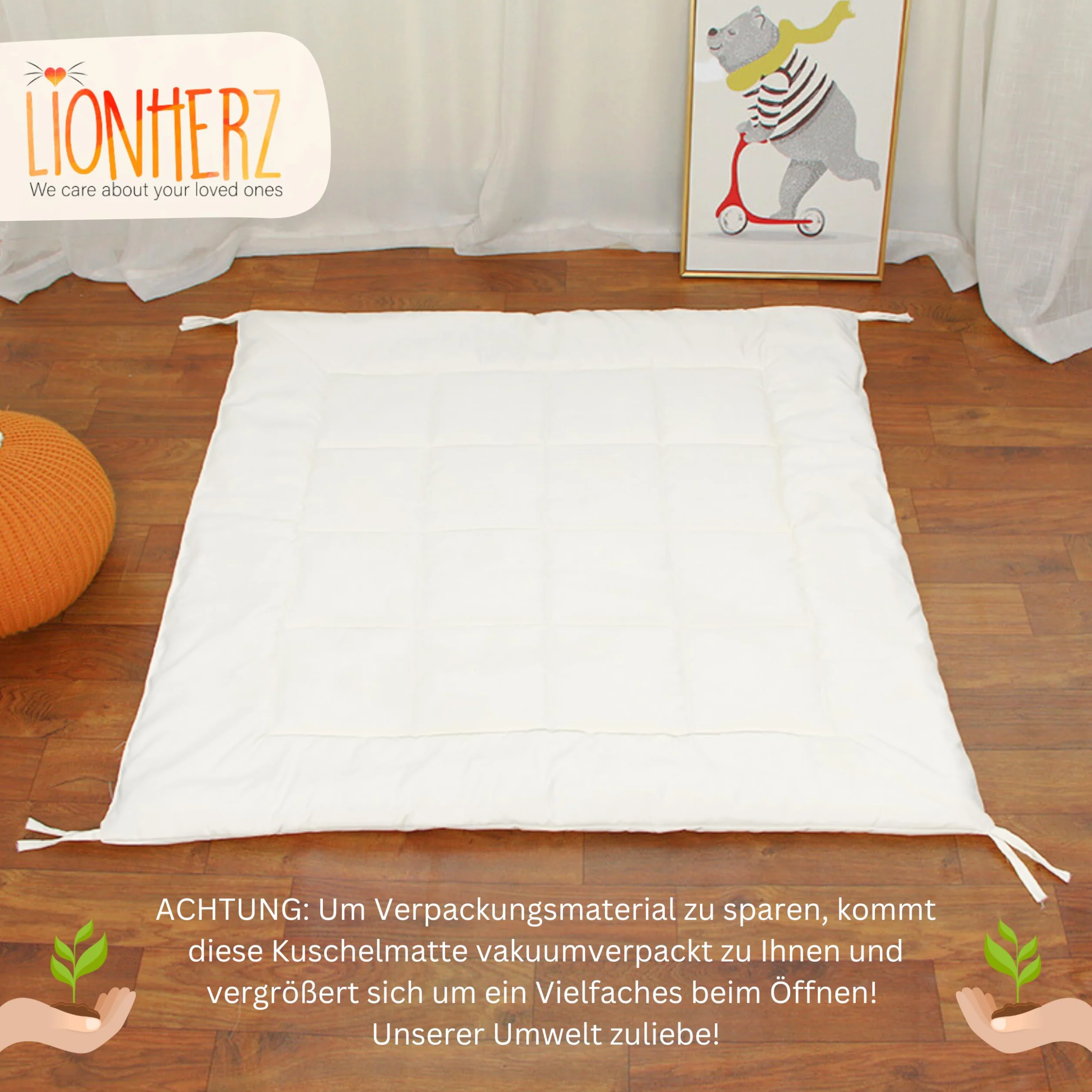 LIONHERZ® Tappetino Tipi con nastri, 120 x 120 cm, coperta imbottita per tenda da gioco/casetta dei giochi, morbida coperta quadrata per bambini, inserto trapuntato/base per legare (bianco brillante)