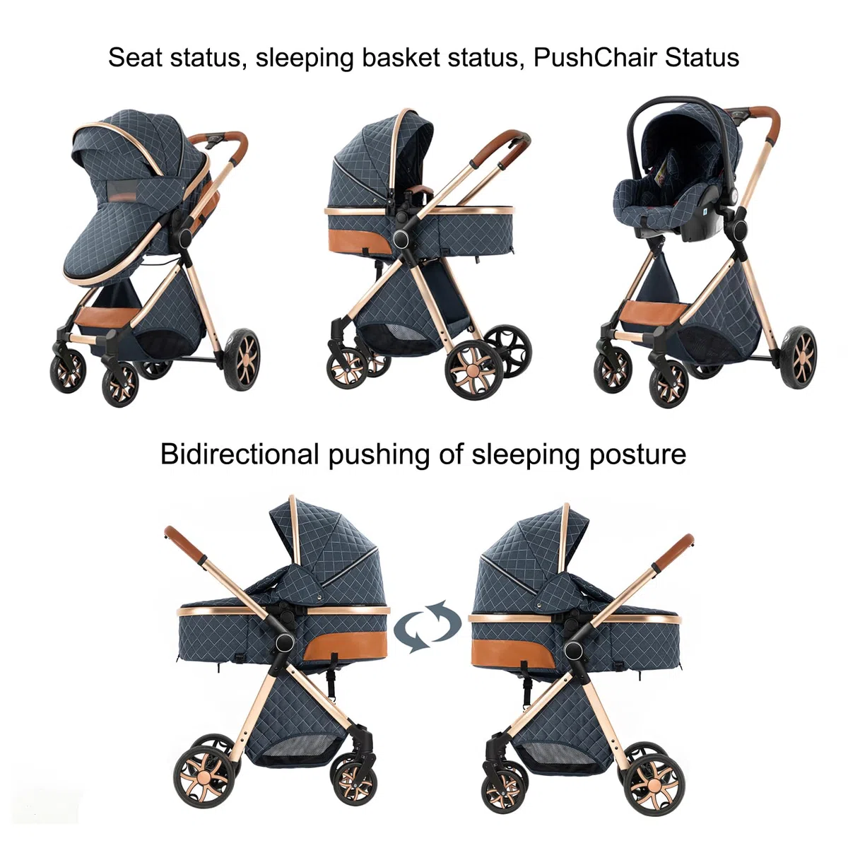 Passeggino Trio, Passeggino 3 in 1 con Spinta Reversibile a Due Vie, Trio Passeggini Neonati con Accessori, Carrozzina per Neonati Design Portatile Pieghevole Un Clic (YV9 Chocolate)
