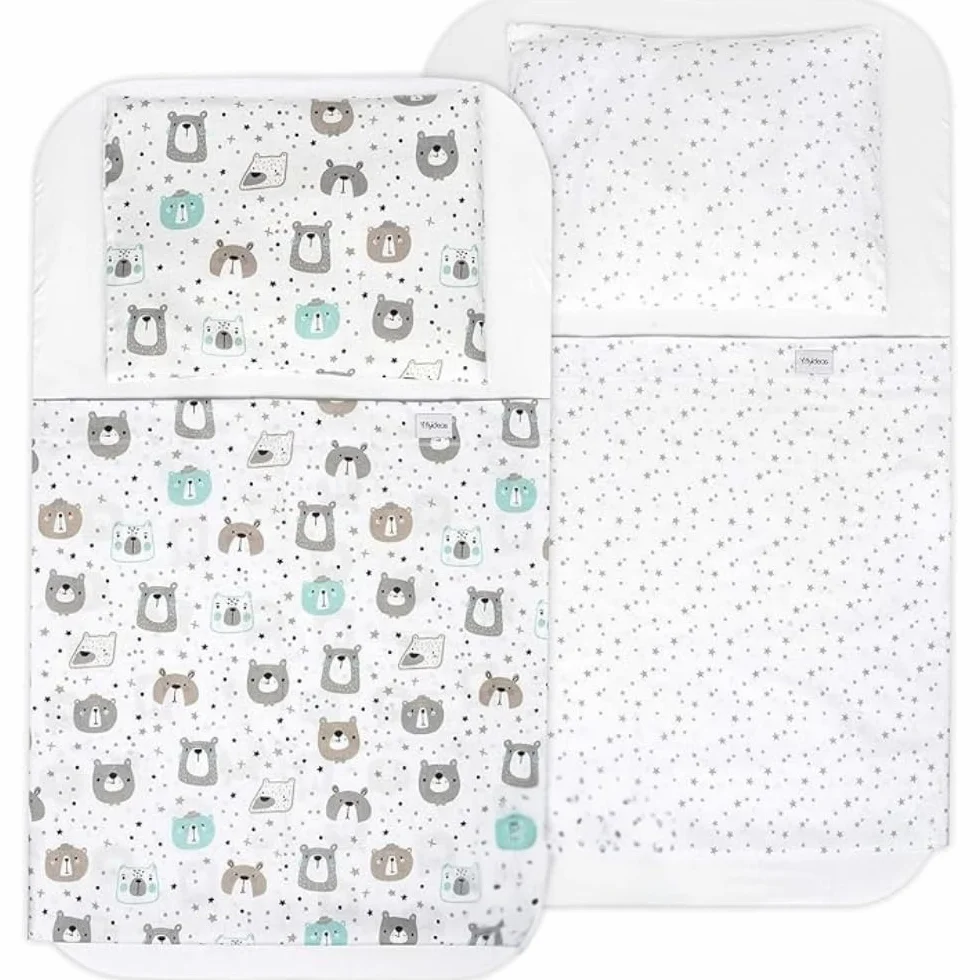 FlyIdeas Lenzuola Next2Me Set MAXI 8 pz, 100% Cotone con 2 Lenzuola Sotto, 2 Traverse Salva Pipi, 2 Lenzuola Sopra & 2 Federe Cuscino per Culle Fianco Letto Neonato e simili (Cute Bears, 83x50 cm)