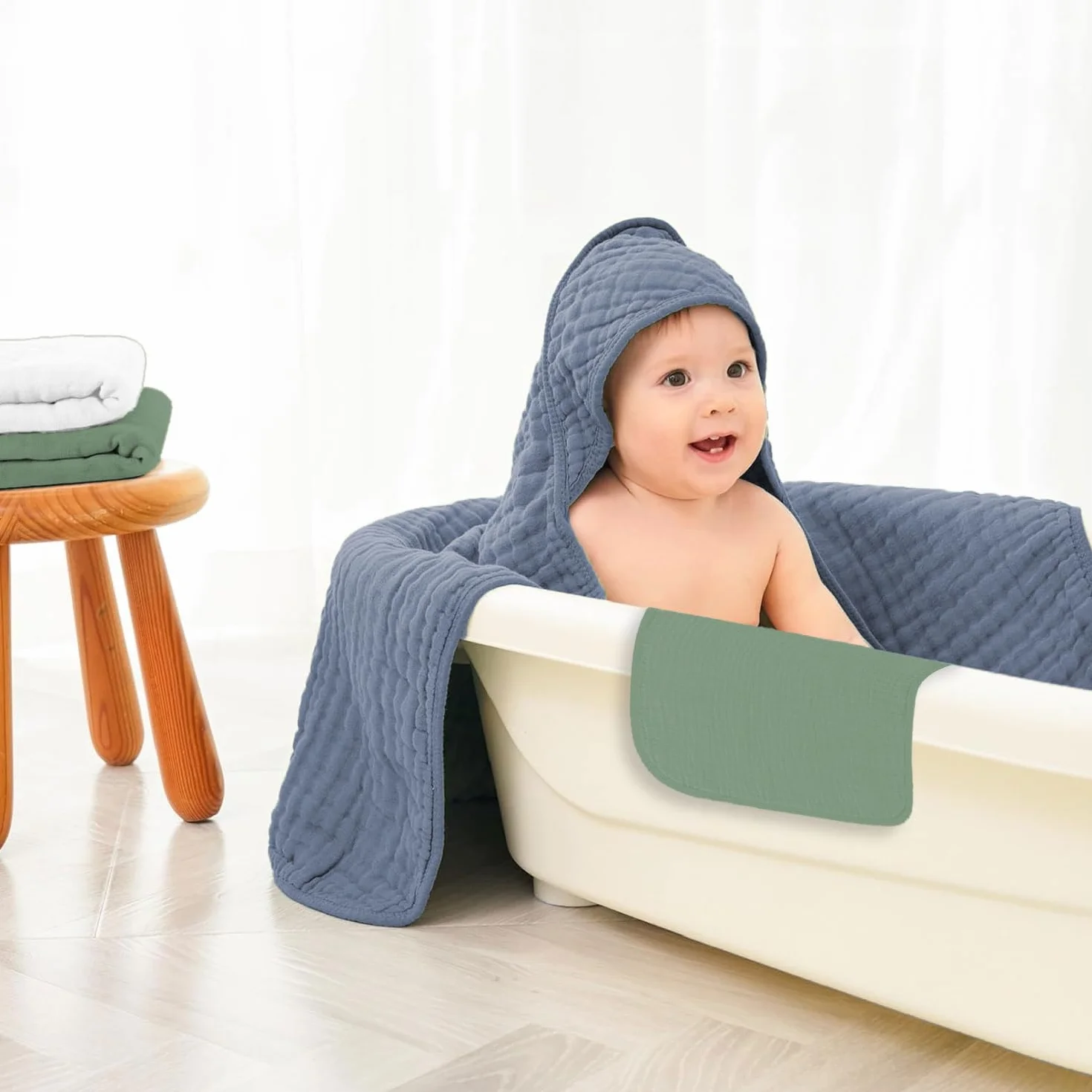 Accappatoio Neonato 0-3 Mesi E 6-12 Mesi Con 6 Asciugamano, Quadrotti Cotone E Mussole Cotone, Ideale Regalo Per Femmina E Maschio, 70x70 CM (Blu & Verde & Bianco)