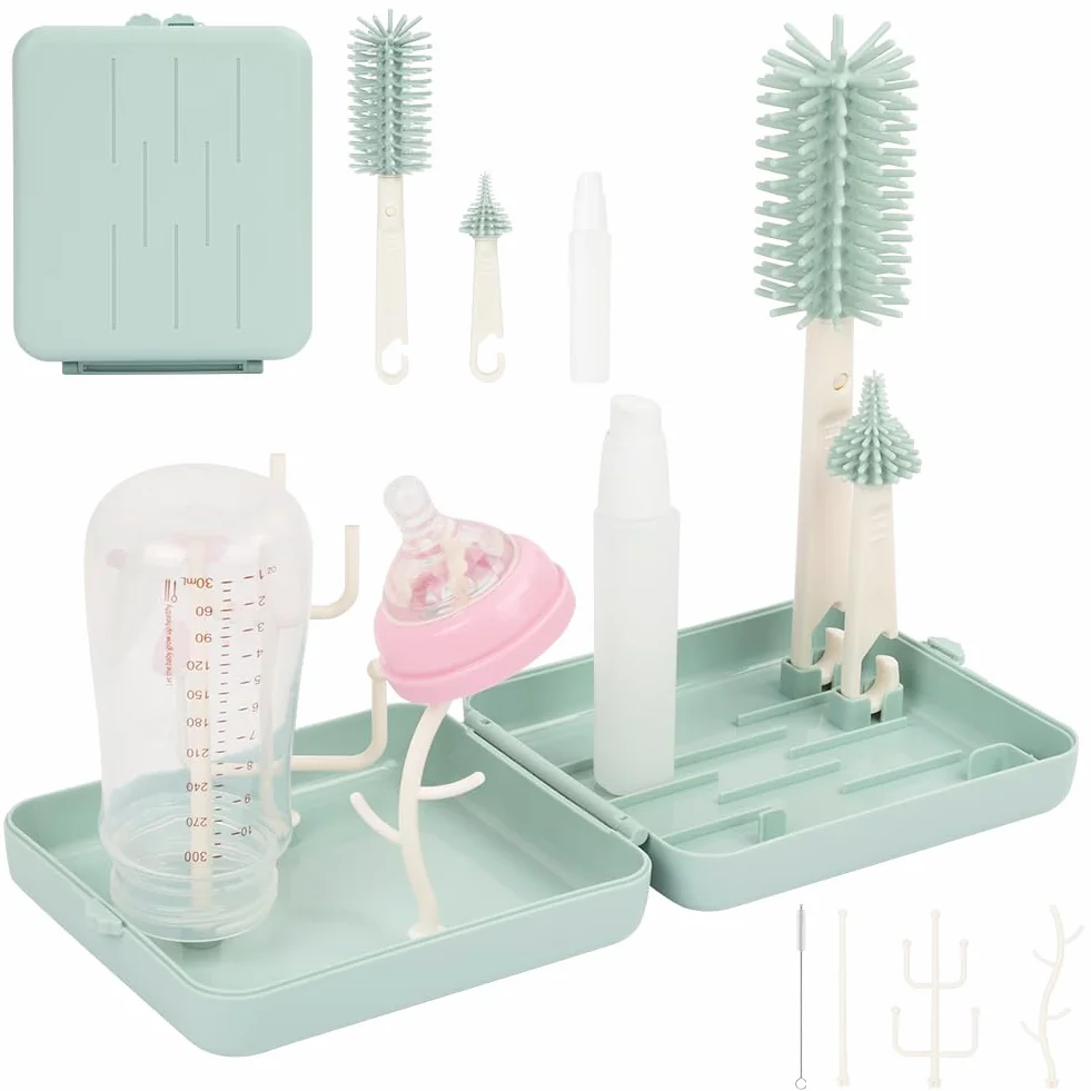 Vicloon 6 in 1 Spazzole per biberon, set da viaggio con spazzola in silicone per biberon/tettarella/cannuccia, dispenser di sapone, stendibiancheria, articoli essenziali da viaggio per neonati (Blu)