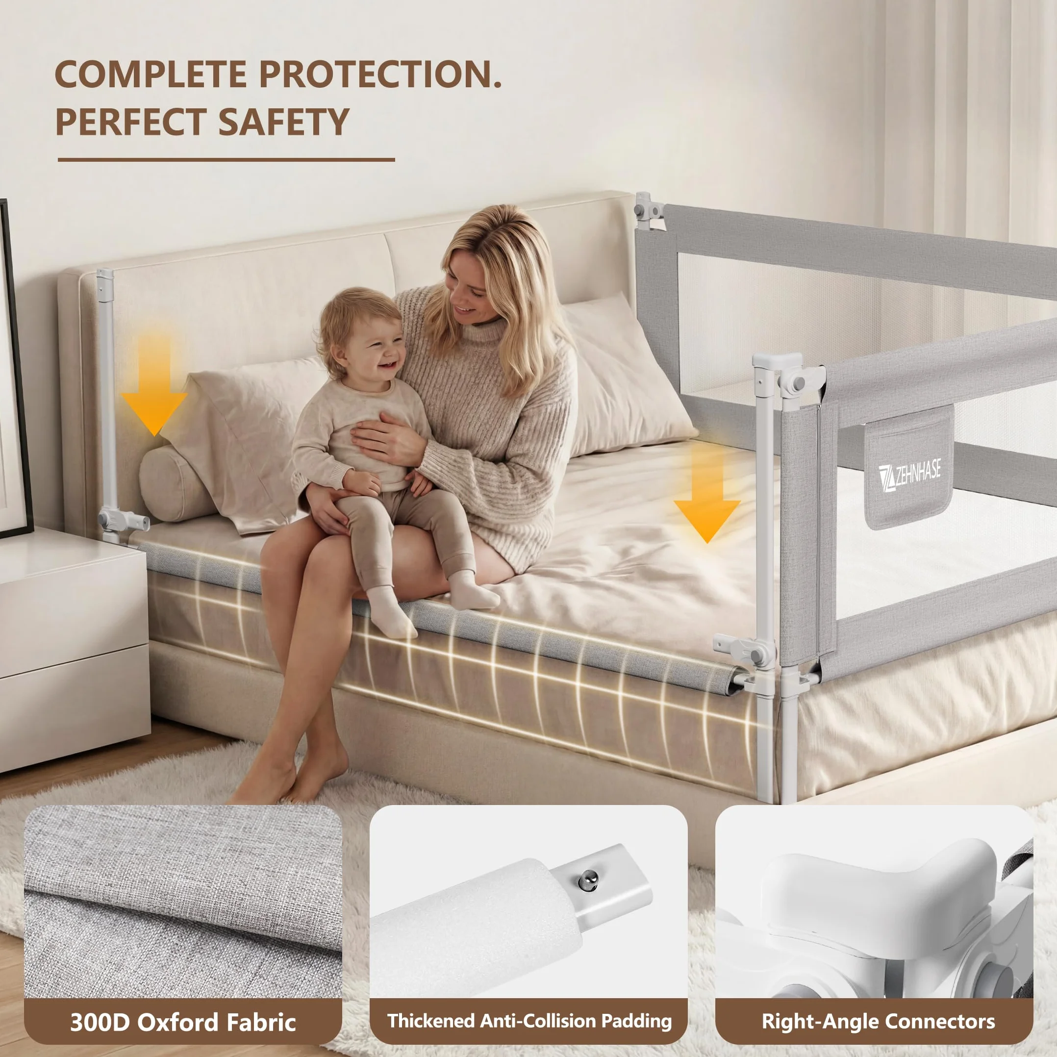 Sponda letto bambini extra alta e traspirante, barriera per letto con sollevamento verticale, blocco di sicurezza, tasca e facile montaggio (190cm, grigio, 1lato)