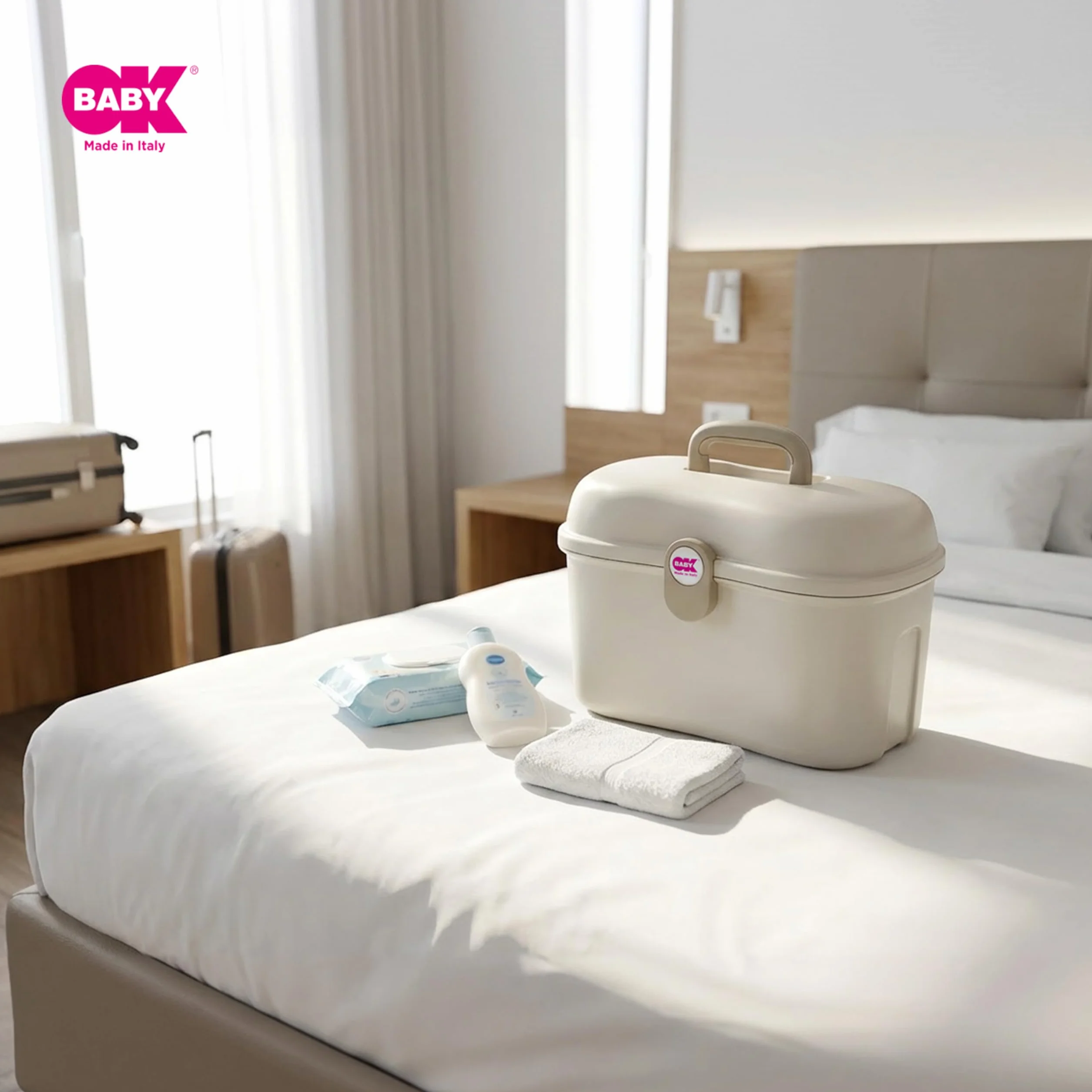 OKBABY Beauty Care - Pratico Bauletto da Viaggio per Organizzazione e Trasporto dell'Occorrente per il Bambino - Bianco