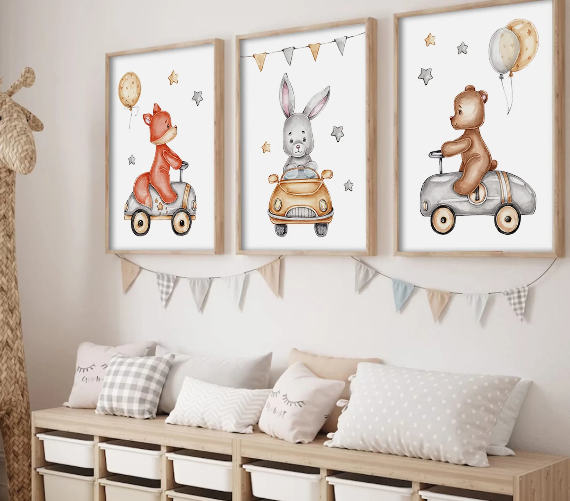 ag.art deco Quadri Cameretta Bambino con Cornice in Legno A3 30x40 cm | Accessori Cameretta Bambina o Cameretta Neonato | Set di 3 Poster Bambini (Animali in Auto)