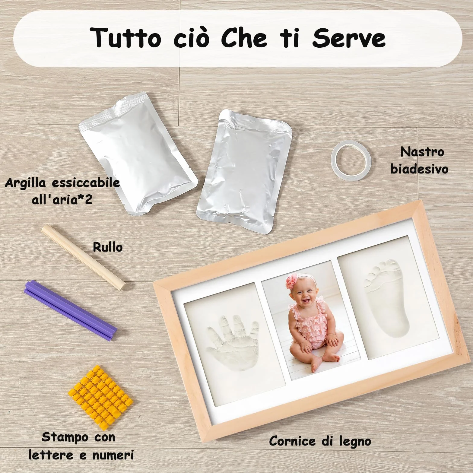 Cornice Impronta Mani e Piedi Neonati con Argilla, Cornice Impronte Neonato Personalizzabile,Kit Impronte Neonato Ideale per Regalo Neonato Maschio e Regalo Neonata Femmina-Quercia