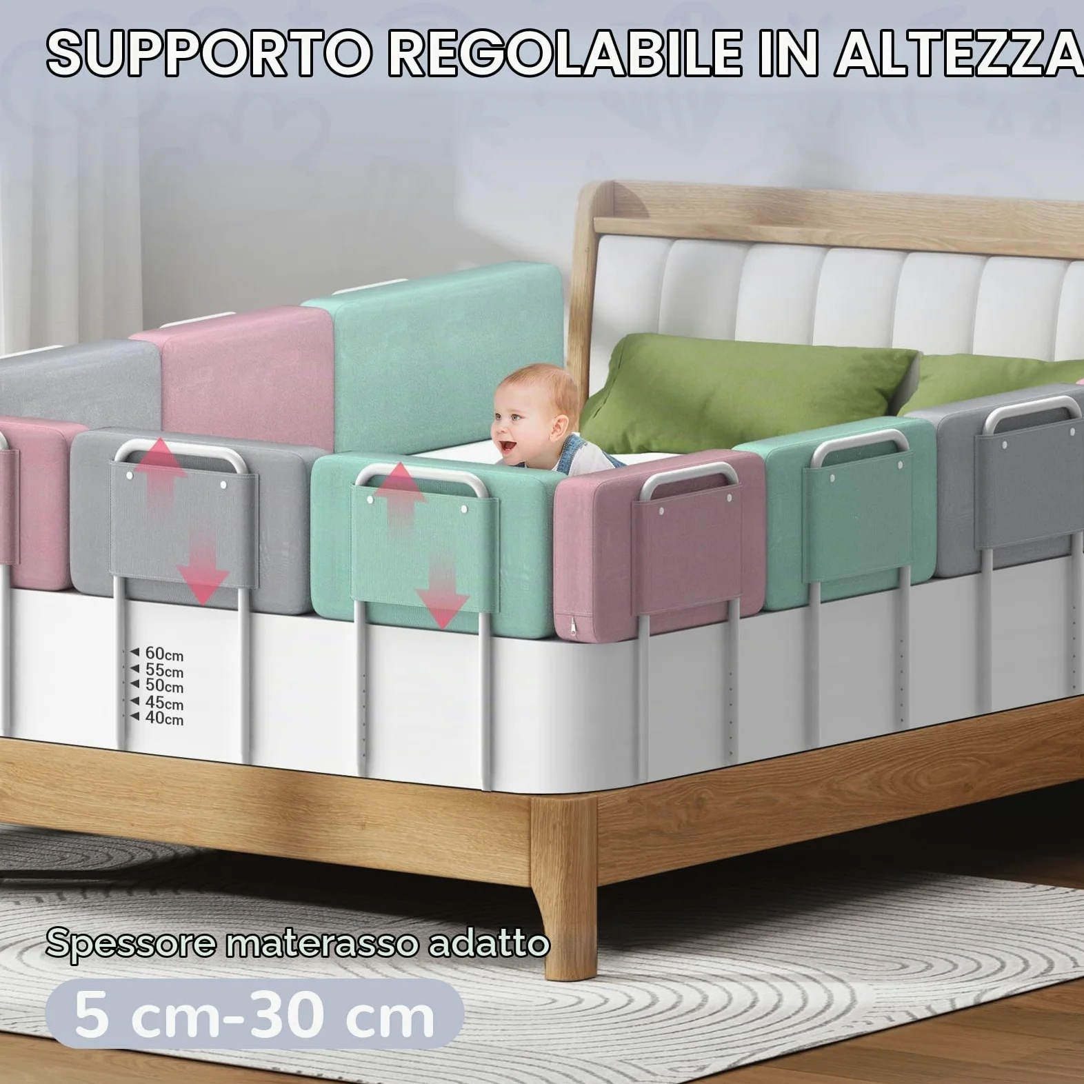 Sponde per letto bambini – Barriera letto sicurezza per bambini, protezione per letto matrimoniale e lettino, altezza regolabile 40-60 cm, rimovibile, portatile, grigio, 60cm