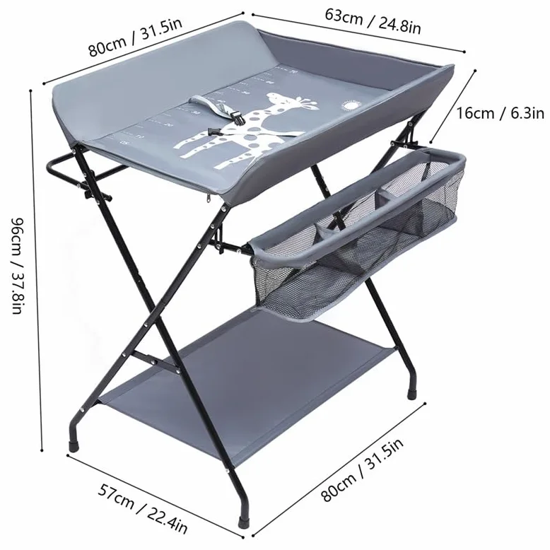 Fasciatoio Pieghevole per Bagnetto Neonati Fasciatoio Portatile Cambio Pannolini con Tasche a Rete e Scomparti Portaoggetti Fasciatoio per Bambini (80 * 57 * 96cm-Grigio)