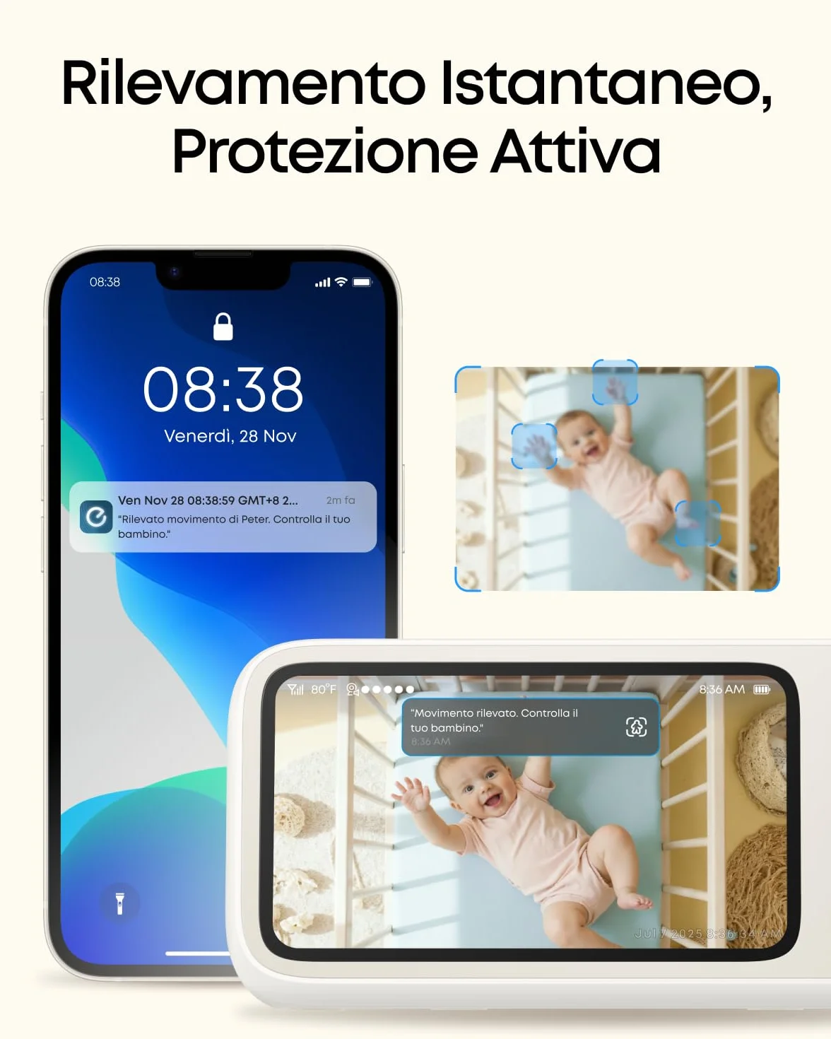 eufy Security C10: Monitor 2K, LCD 4,5" 480p, Zoom x4, Pan/Tilt, Notte. Ibrido senza Wi-Fi, 12h batt. Rileva moto, pianto, rumori, temp. Audio 2-vie, VOX.