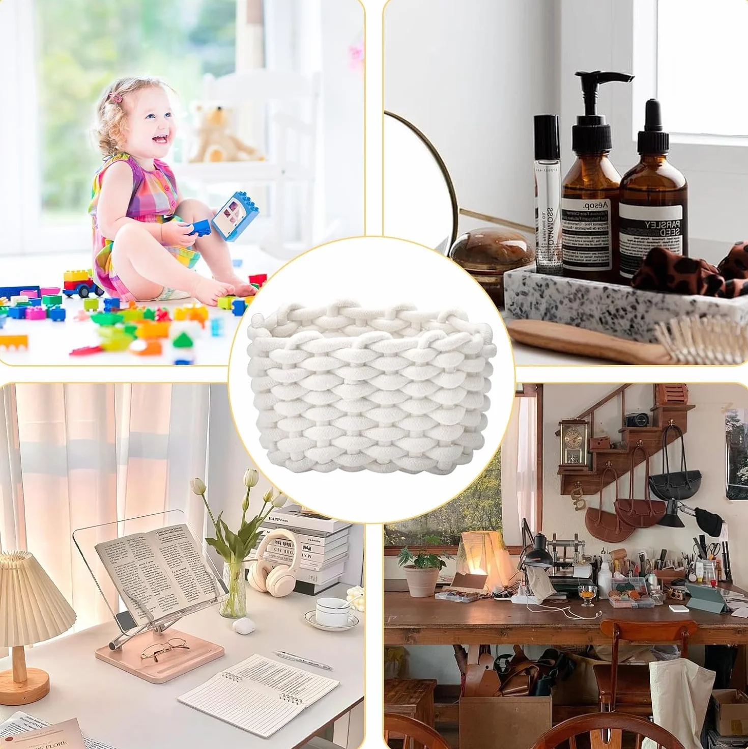 Confezione Doppia di Cestini per Pannolini, Piccoli Intrecciati in Morbido Cotone, Quadrati per Bagno e Trucco, Mini Bianchi